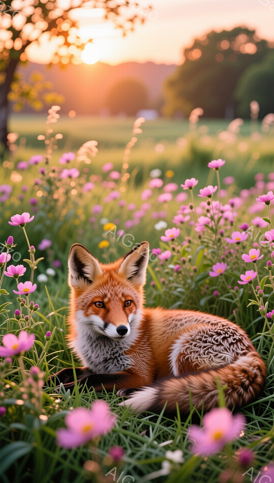 草原に咲き乱れるピンクの花々の間に、毛並みの美しいキツネが横たわっています。夕暮れ時の柔らかい光がキツネを照らし、穏やかで幻想的な雰囲気を醸し出しています。キツネの視線は優しく、周囲の自然と調和した姿 - AI生成フリー素材