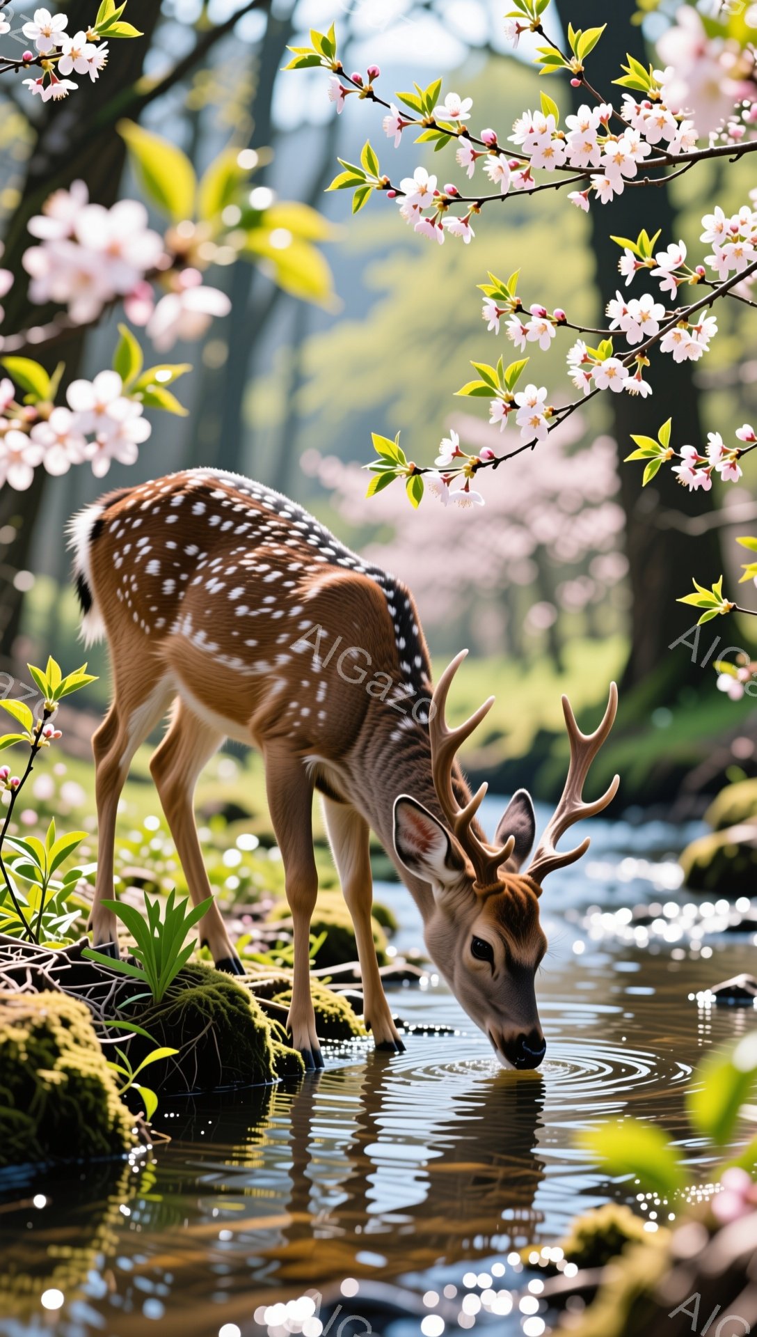 鹿が澄んだ川で水を飲んでいる様子が描かれています。背景には桜が咲き乱れ、春の穏やかな雰囲気が漂っています。緑豊かな自然の中で、鹿は静かに水を飲む姿は、平和で美しい光景です。