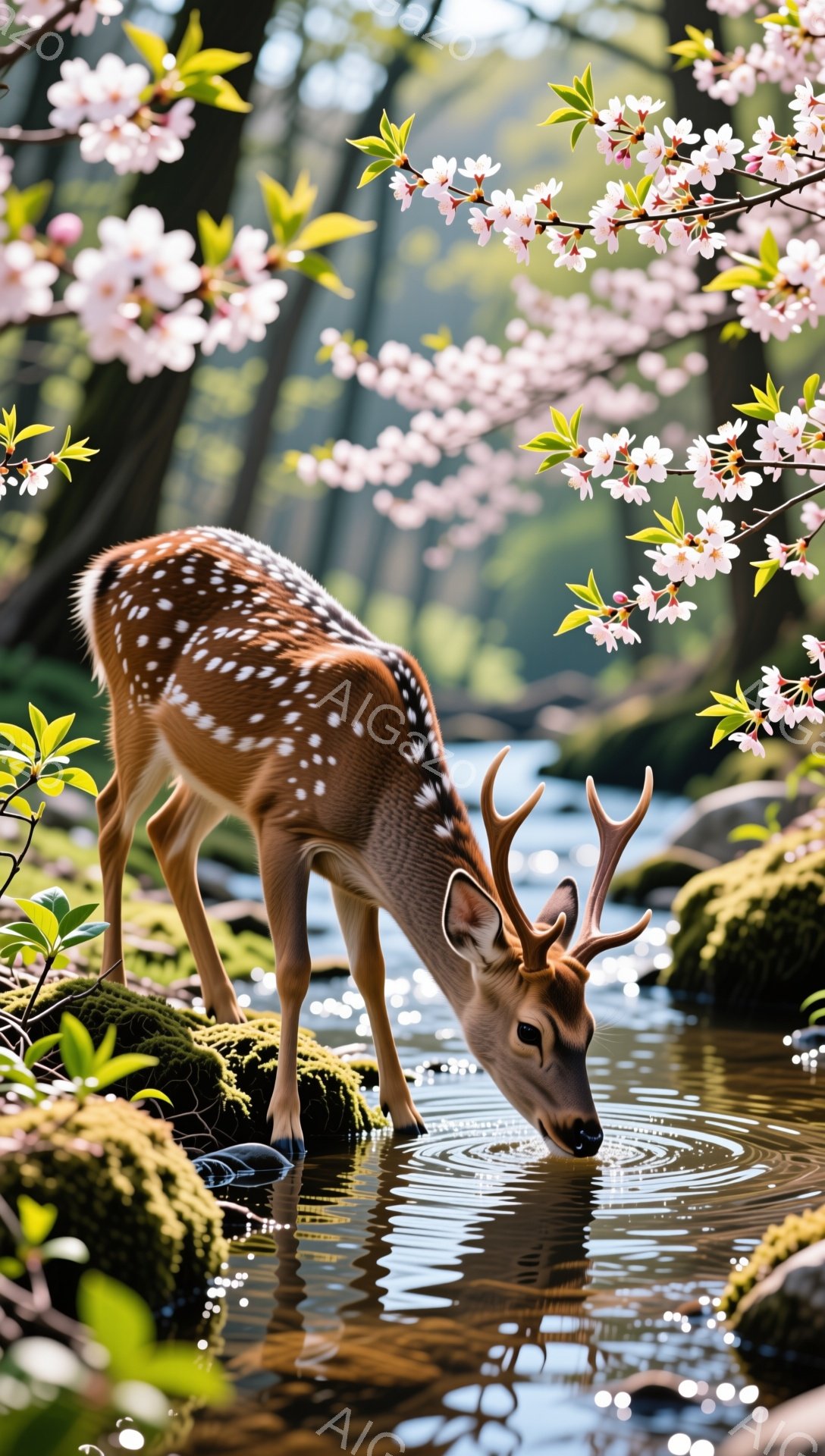桜の木の下で水を飲む雄の鹿が描かれています。周囲には緑が茂り、春の穏やかな光が差し込んでいます。鹿は落ち着いた様子で、水面に映る自分の姿を見つめているようです。