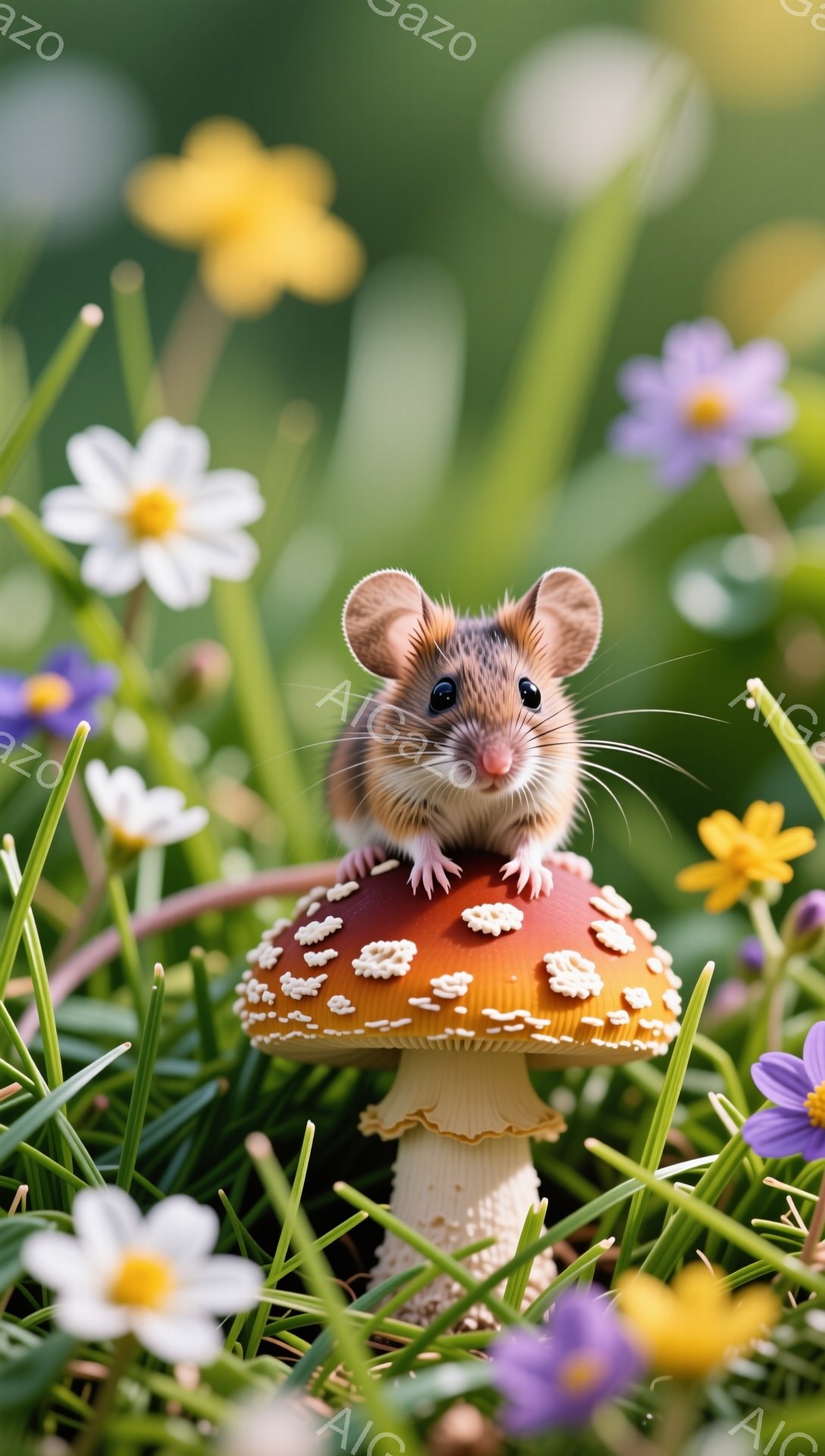 一匹のかわいいネズミが、赤い水玉模様のキノコの上に乗っています。周りには紫や黄色の小さな花が咲き乱れ、緑の草が生い茂り、まるで妖精のようなファンタジーな雰囲気です。ネズミは少し首を傾げ、好奇心いっぱいの表情をしています。