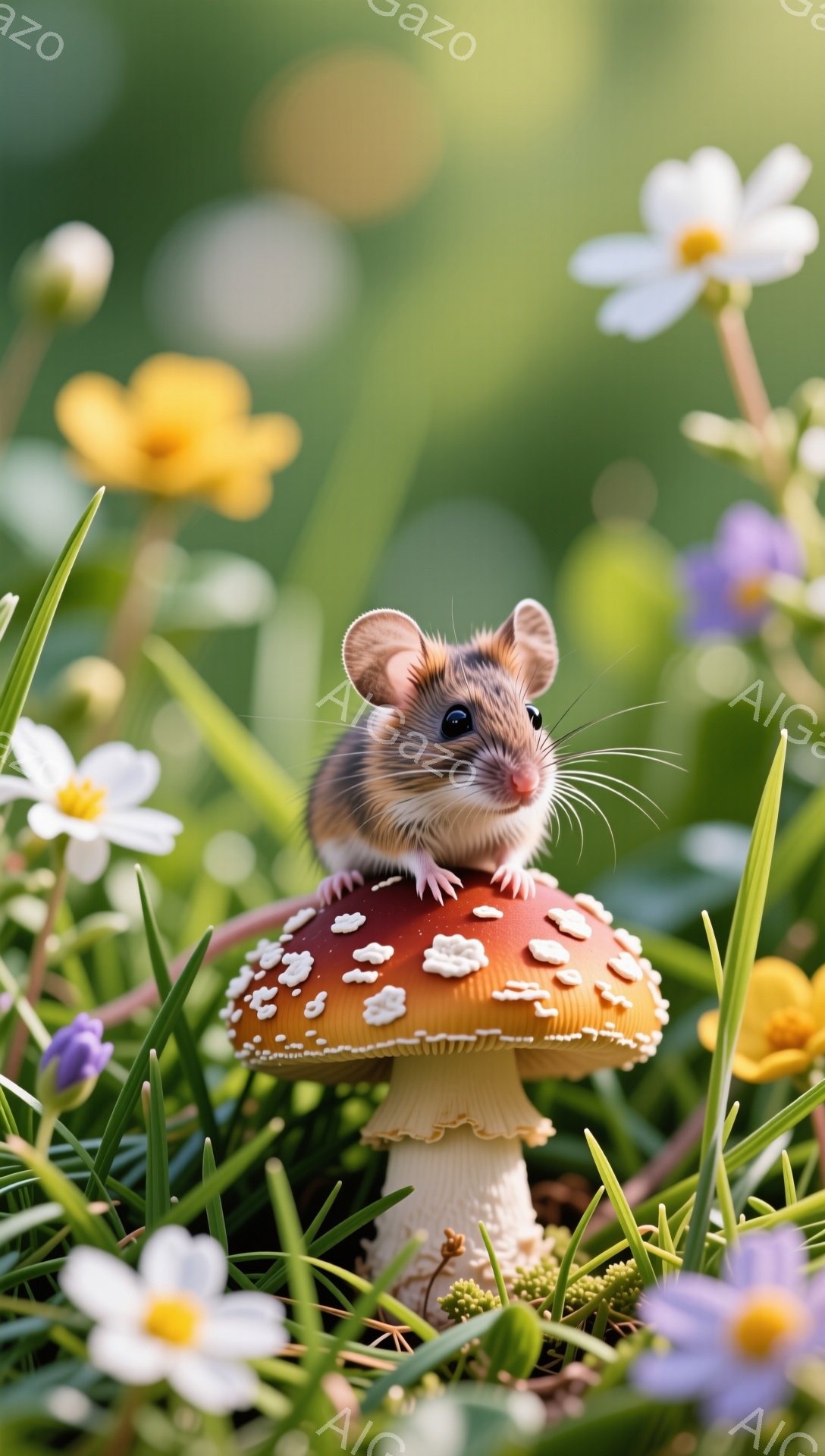 緑の草と花の中に、赤くて白い斑点のあるキノコの上に座っている小さなネズミがいます。そのネズミは可愛らしい顔をしており、好奇心旺盛に周りを見回しているようです。背景はぼやけており、穏やかで平和な雰囲気を - AI生成フリー素材