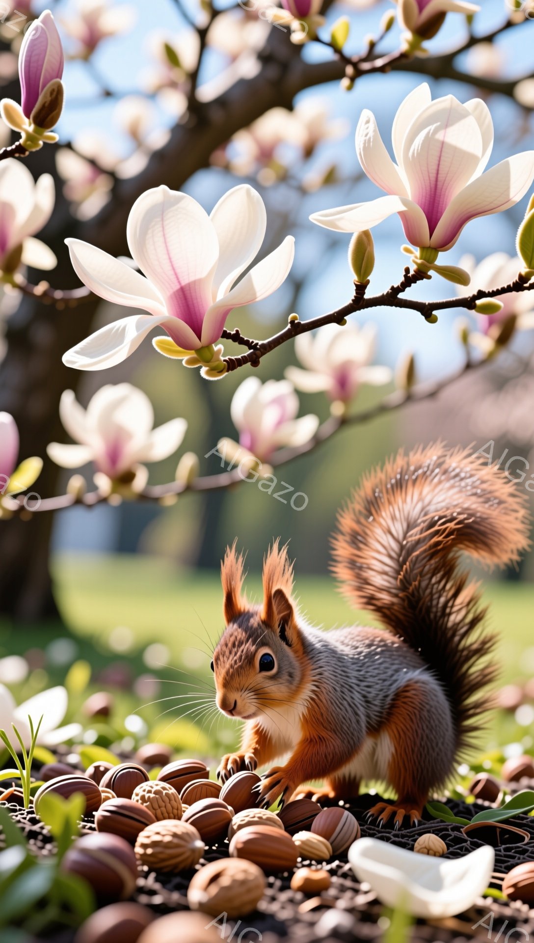 赤毛のリスが地面に散らばった木の実の周りで食事をしている。背景には、美しいピンク色のマグノリアの花が咲き乱れ、春の穏やかな雰囲気を演出している。光の加減も暖かく、リスの毛並みを際立たせている。