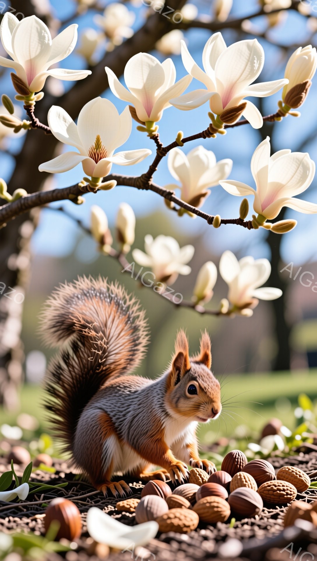 リスが地面に散らばった木の実の周りに座っており、ふっくらとした尾を大きく広げています。背景には、美しい白い木の花が咲き乱れ、春の穏やかな日差しが降り注いでいます。暖かく柔らかい光が、リスと木の花を照らし出し、平和で自然な雰囲気を醸し出しています。