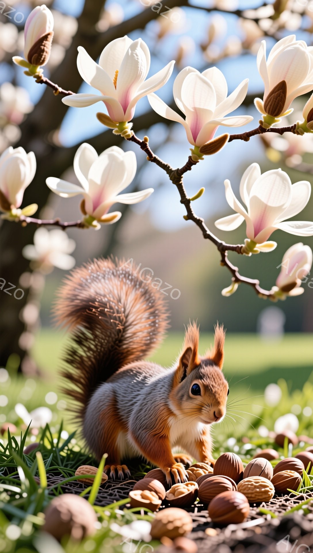 赤褐色のリスが、落ち葉とクルミの間に座り、前を見つめている。頭上のマグノリアの花が咲き誇り、春の暖かく柔らかな光が全体を包んでいる。背景には緑の芝生が広がり、穏やかな雰囲気を醸し出している。