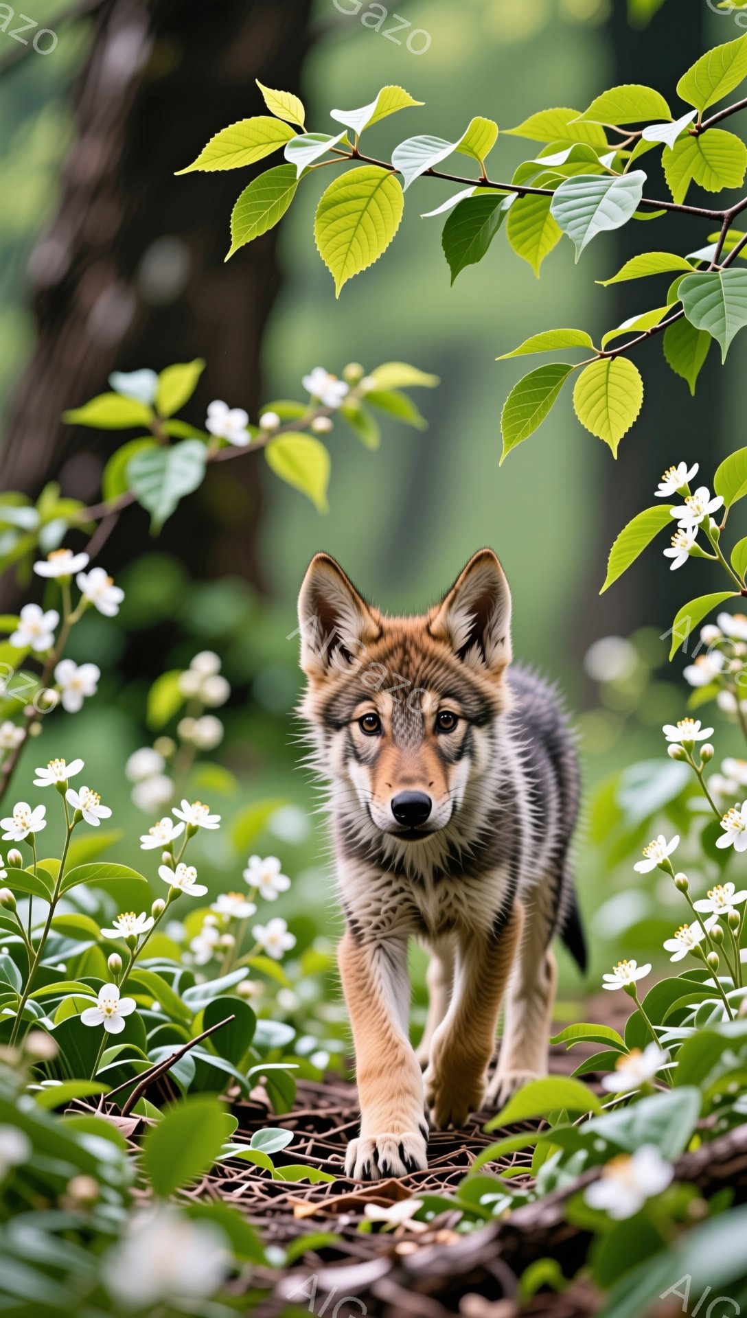 若いオオカミが花々の間を歩いている。背景は緑豊かな森で、花びらが散りばめられた道が狼を導いている。穏やかで自然な雰囲気が漂う、美しい風景だ。 - AI生成フリー素材