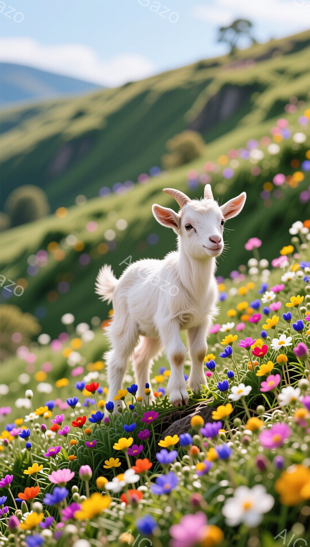 白い子ヤギが、色とりどりの花畑の中でこちらを見て微笑んでいます。背景には緑の丘が広がり、暖かく穏やかな雰囲気が漂います。子ヤギのふわふわとした毛並みと、花々の鮮やかな色彩が印象的です。