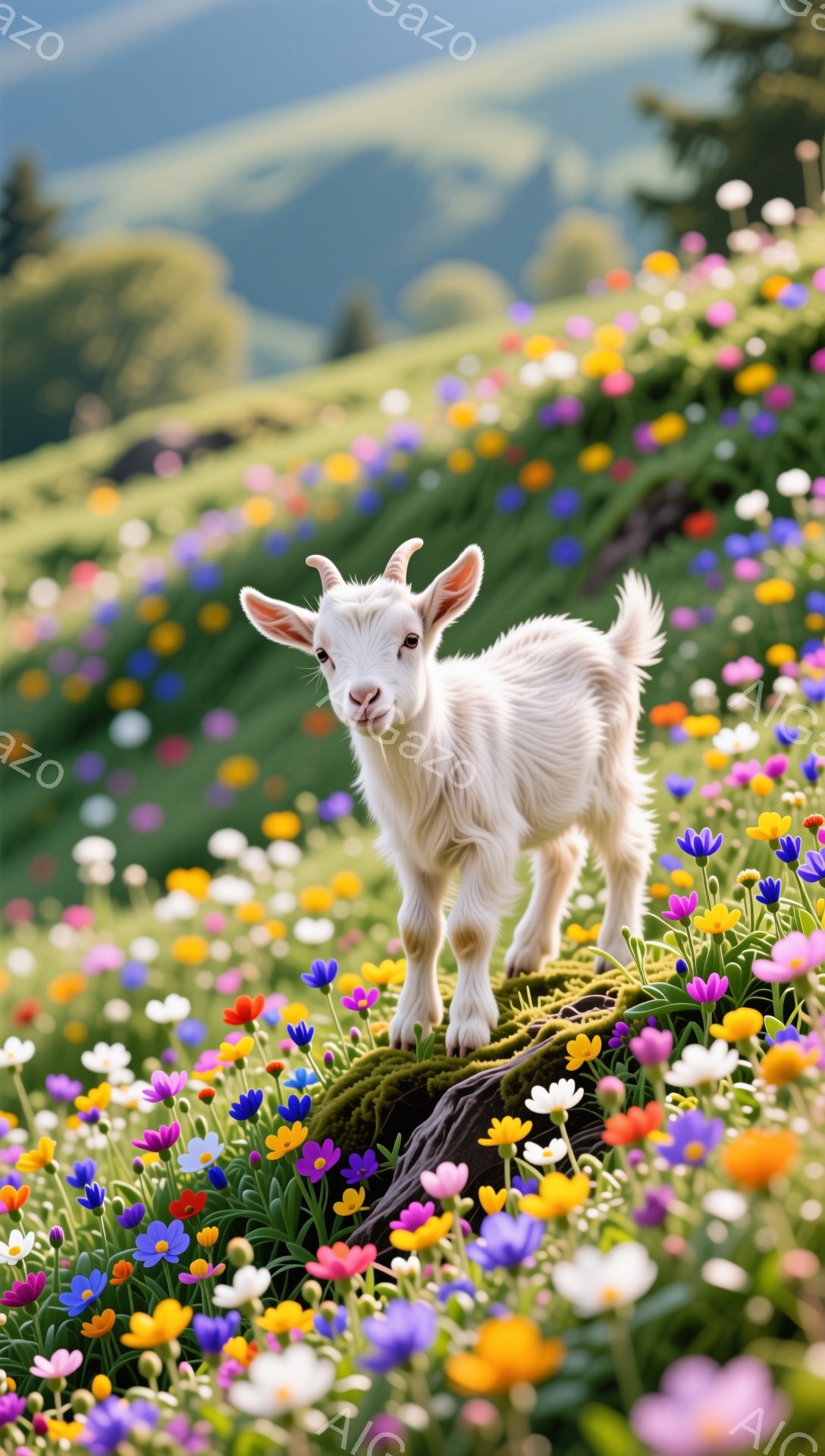 白いヤギが花畑の中で堂々と立っています。ヤギは少し上から見下ろすようにカメラ目線で、穏やかな表情をしています。背景は色とりどりの花でいっぱいで、自然の美しさが際立っています。