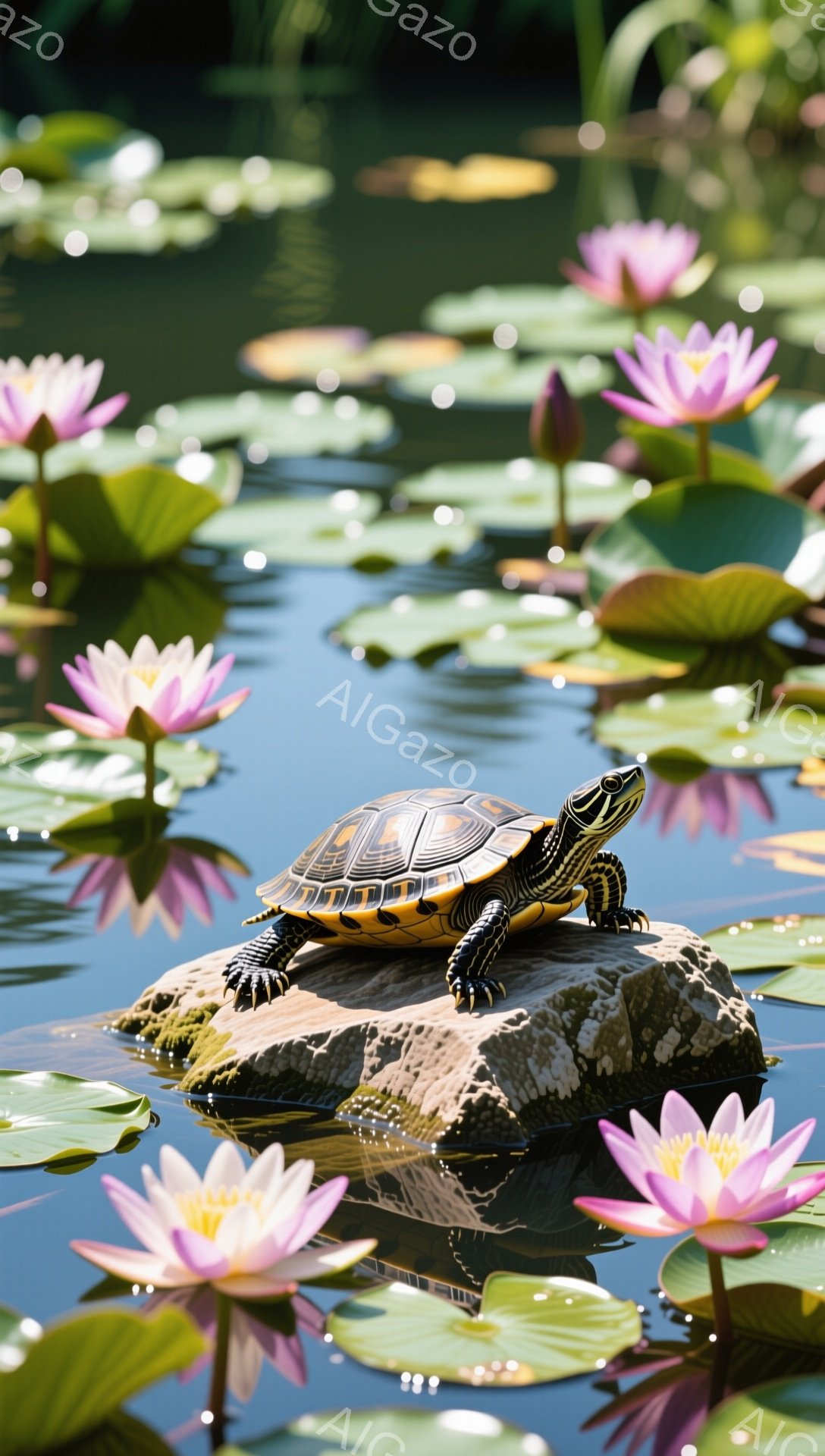 日当たりの良い池で、岩の上にミズガメがとぐろを巻いています。ピンク色の睡蓮の花が水面に浮かび、穏やかな夏の日の雰囲気を醸し出しています。水面には光が反射し、キラキラと輝き、平和な情景が広がっています。 - AI生成フリー素材