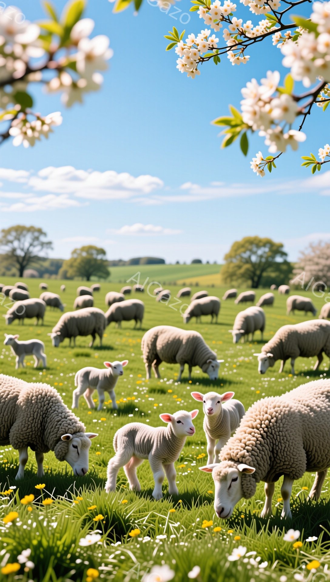 緑豊かな牧草地で、たくさんのヒツジが草を食べている。日差しは暖かく、空は青く、春の穏やかな雰囲気が漂っている。空には桜の花が咲き誇り、牧歌的な風景を作り出している。