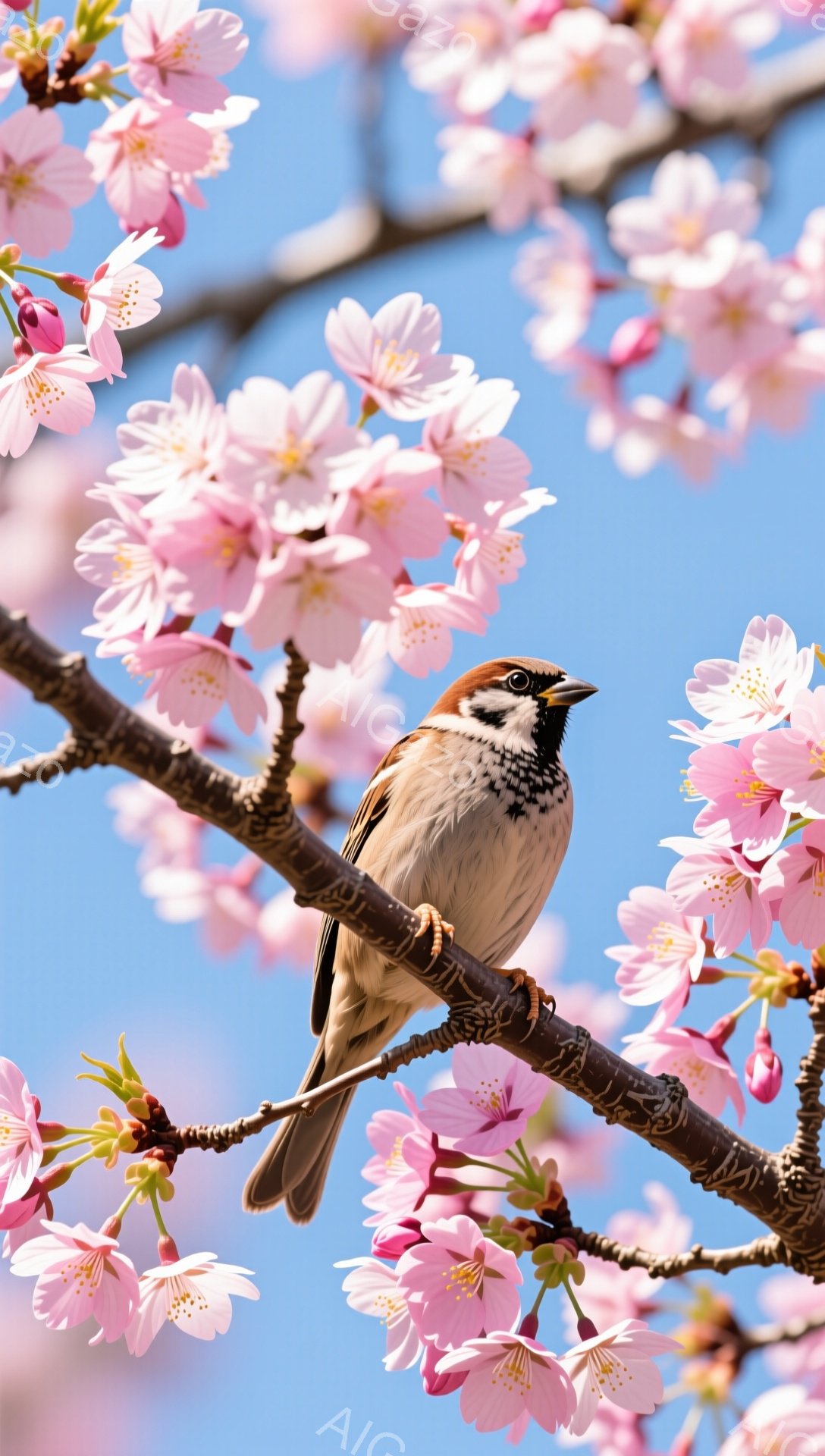桜の枝にとまっている雀が、青空を背景に美しいシルエットを作り出しています。薄桃色の花びらが周囲を彩り、春の穏やかな雰囲気を醸し出しています。雀は前を向き、まるで春の訪れを告げるかのように佇んでいます。 - AI生成フリー素材