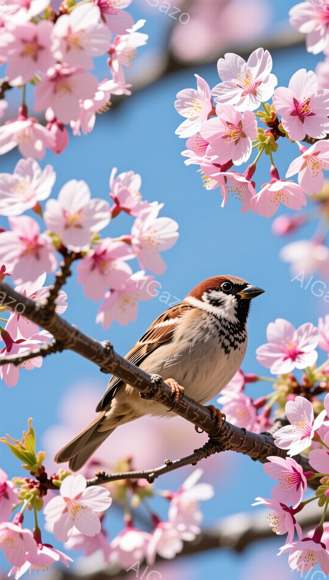 桜の枝にとまる雀が写っている。ピンク色の桜の花が背景を彩り、青空とのコントラストが美しい。春の暖かさと穏やかな雰囲気が伝わってくる。 - AI生成フリー素材