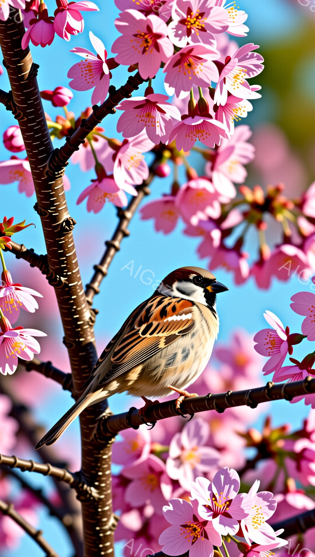 桜の枝にとまっている雀が描かれています。ピンク色の花びらが背景に広がり、春の暖かさと穏やかな雰囲気を醸し出しています。雀の茶色と白の羽毛が、桜の淡いピンク色と美しいコントラストを生み出しています。 - AI生成フリー素材