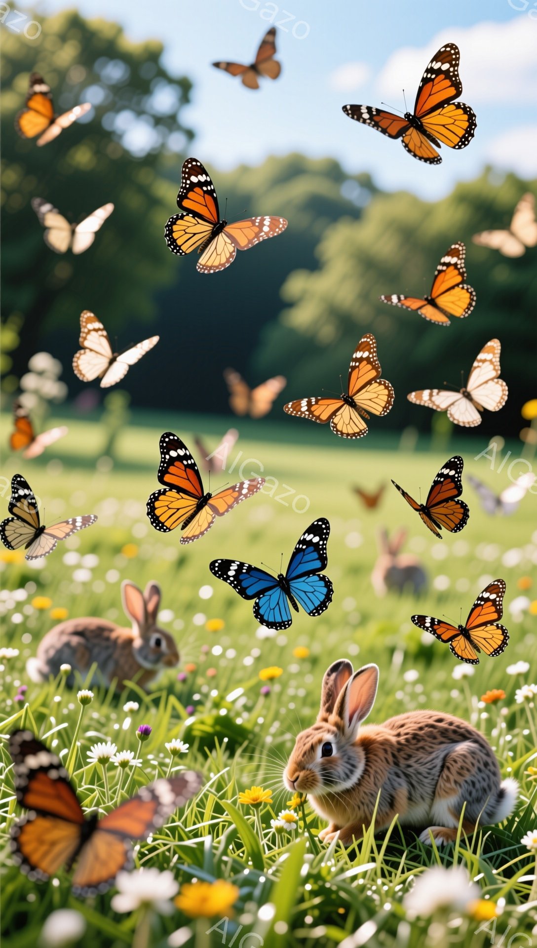 広々とした草原で、たくさんの蝶とウサギたちが戯れています。鮮やかな蝶は色とりどりで、ウサギたちは草むらの中で静かに食事を楽しんでいる様子です。平和で穏やかな雰囲気が漂う、自然豊かな光景です。 - AI生成フリー素材