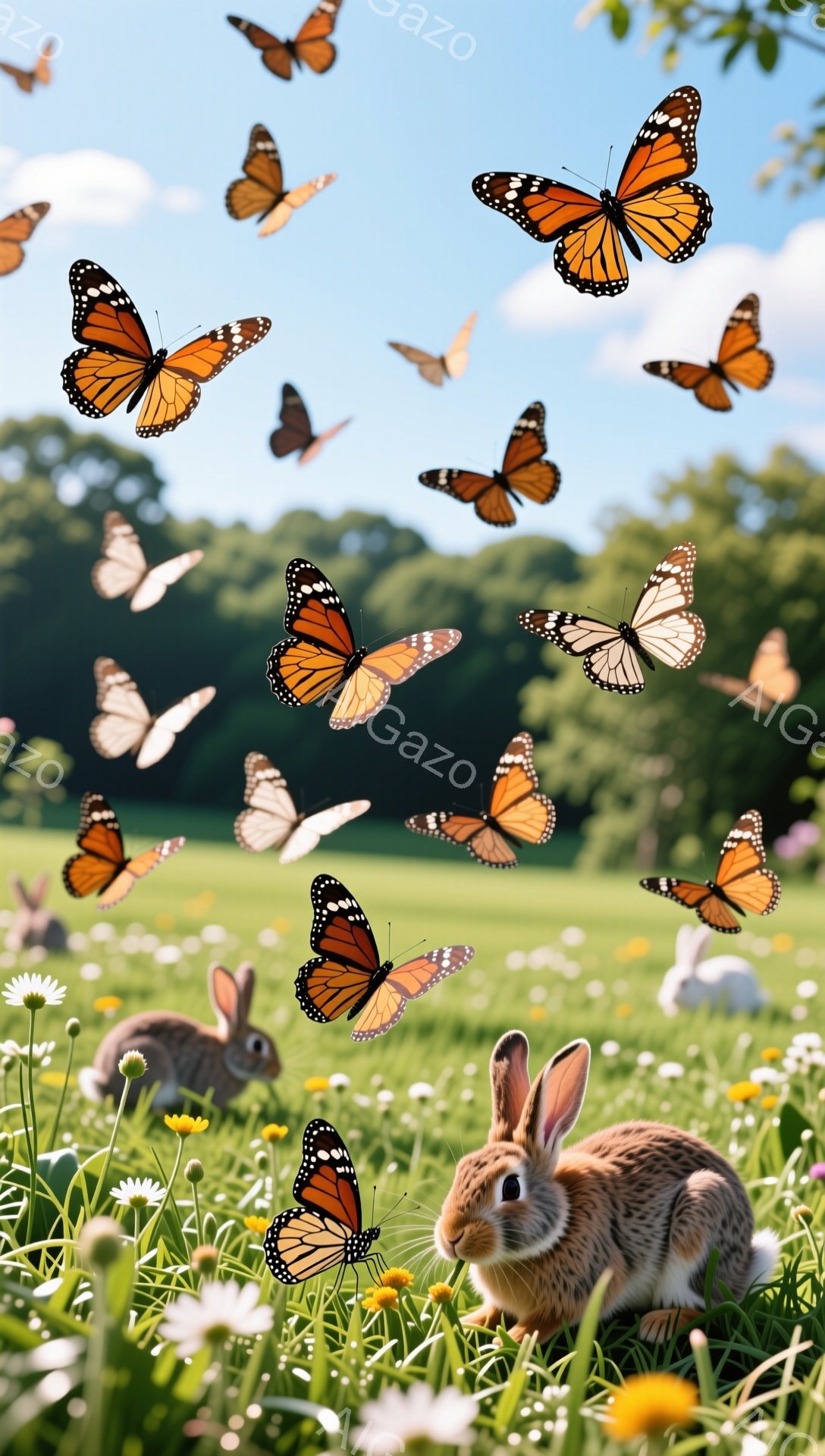 緑豊かな草原で、蝶が飛び交い、うさぎが数匹草を食べている様子が描かれています。鮮やかな緑と黄色い花々が広がり、穏やかで平和な雰囲気が漂っています。光が差し込み、暖かく優しい光が全体を照らしています。 - AI生成フリー素材