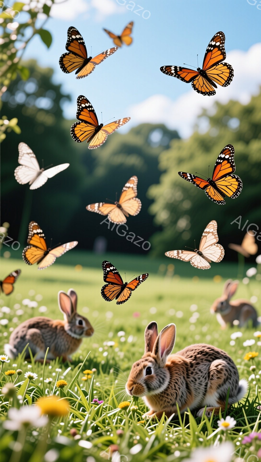 緑豊かな草原で蝶とウサギたちが戯れています。ウサギは草むらに身を隠し、好奇心いっぱいの表情で蝶を眺めています。太陽の光が差し込み、平和で穏やかな雰囲気を醸し出しています。 - AI生成フリー素材