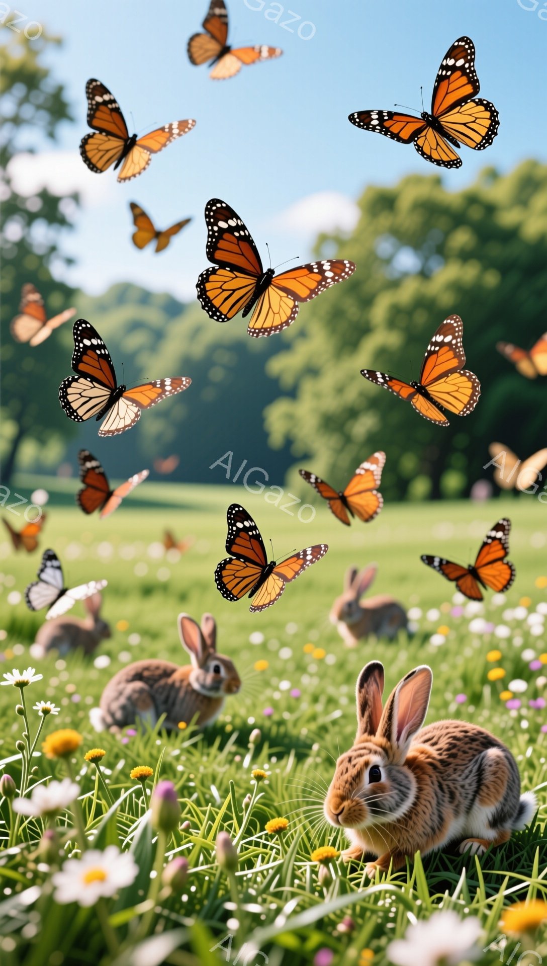 鮮やかな緑の草原で、多くの蝶とウサギが戯れている。蝶はオレンジ色で、ウサギは茶色い毛並みで、花々が咲き乱れる中でリラックスした様子がうかがえる。穏やかで平和な雰囲気が漂う、春の日の光景だ。 - AI生成フリー素材