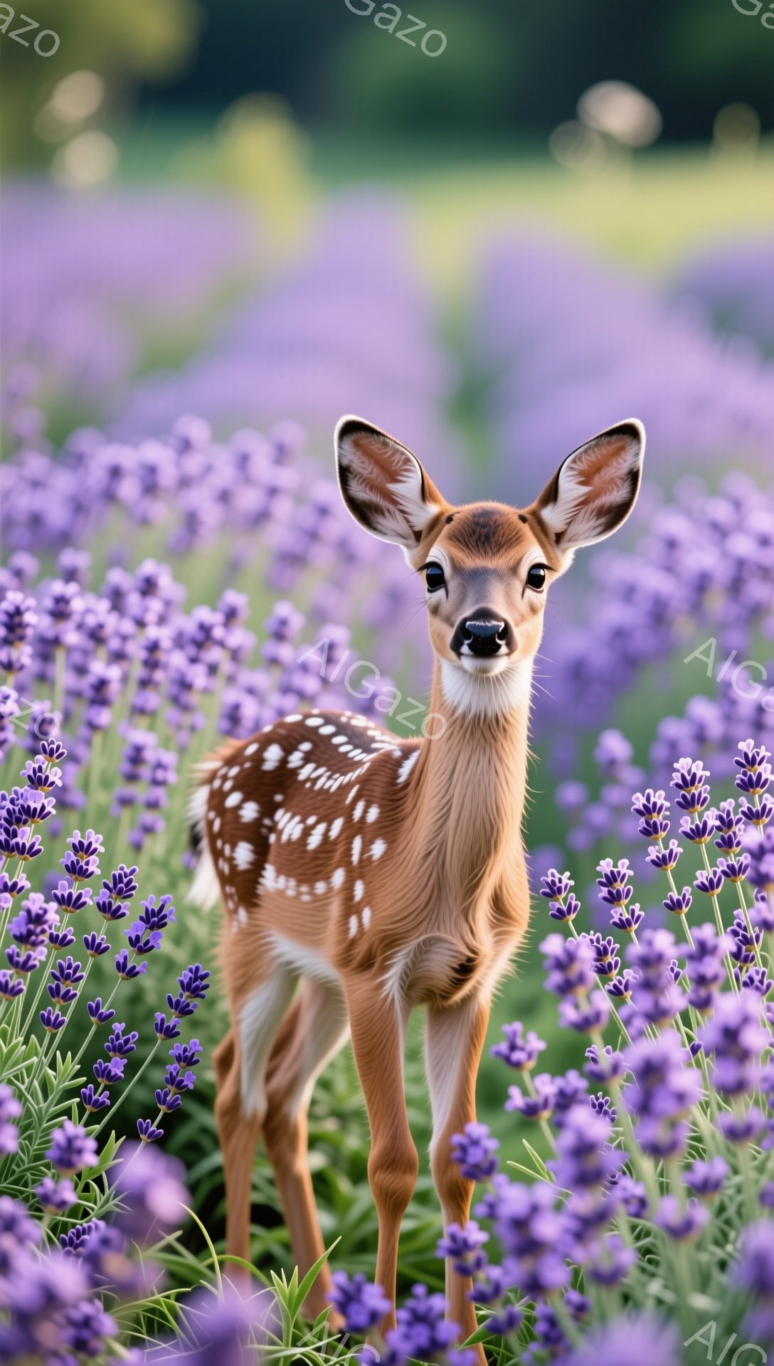 可愛らしい子鹿がラベンダー畑の中に立っている。明るい日差しが降り注ぎ、優しく穏やかな雰囲気が漂っている。背景には紫色の花々が咲き乱れ、子鹿の愛らしさを引き立てている。