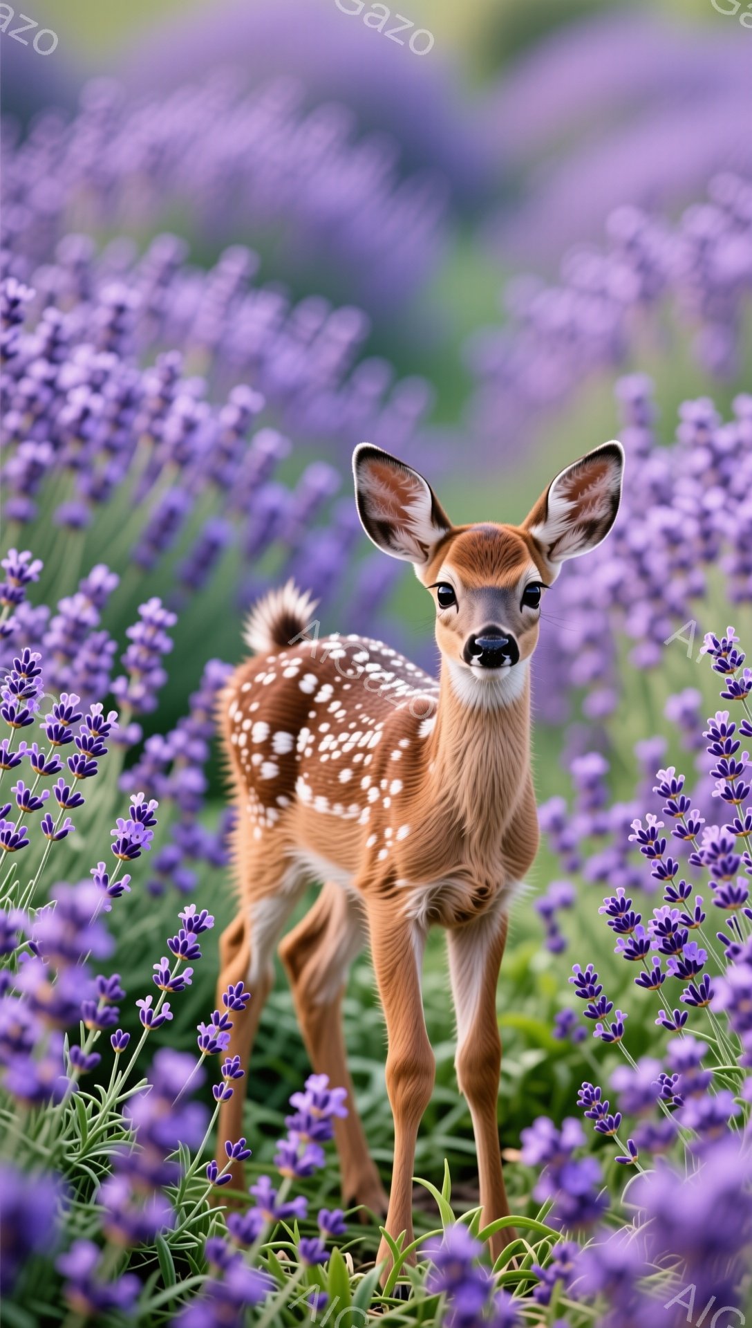 小さなシカの子供がラベンダー畑の中に立っています。その姿は愛らしく、大きな瞳が印象的です。紫色の花々と茶色の斑点模様が、穏やかで優しい雰囲気を醸し出しています。