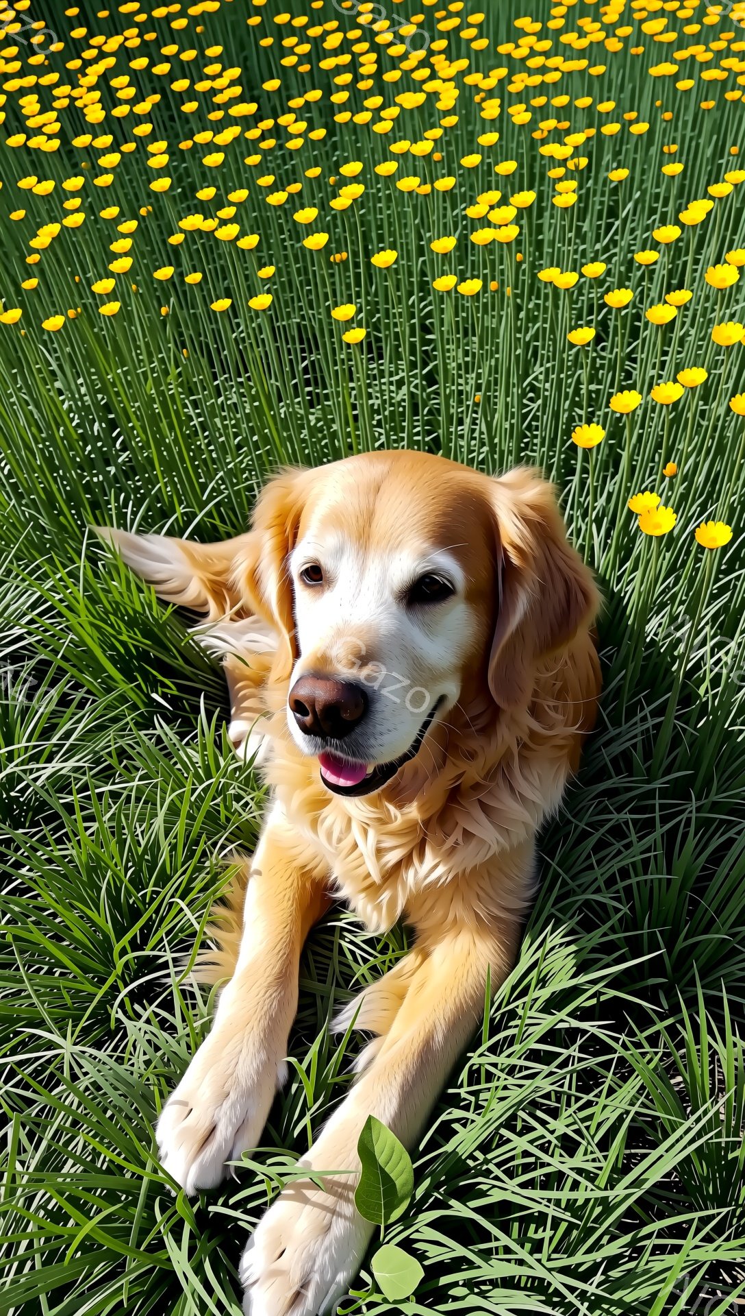 草原に横たわるゴールデンレトリバーが写っています。犬はリラックスした表情で、口を開けて微笑んでいます。周りには黄色い花が咲き乱れ、暖かく穏やかな雰囲気を醸し出しています。