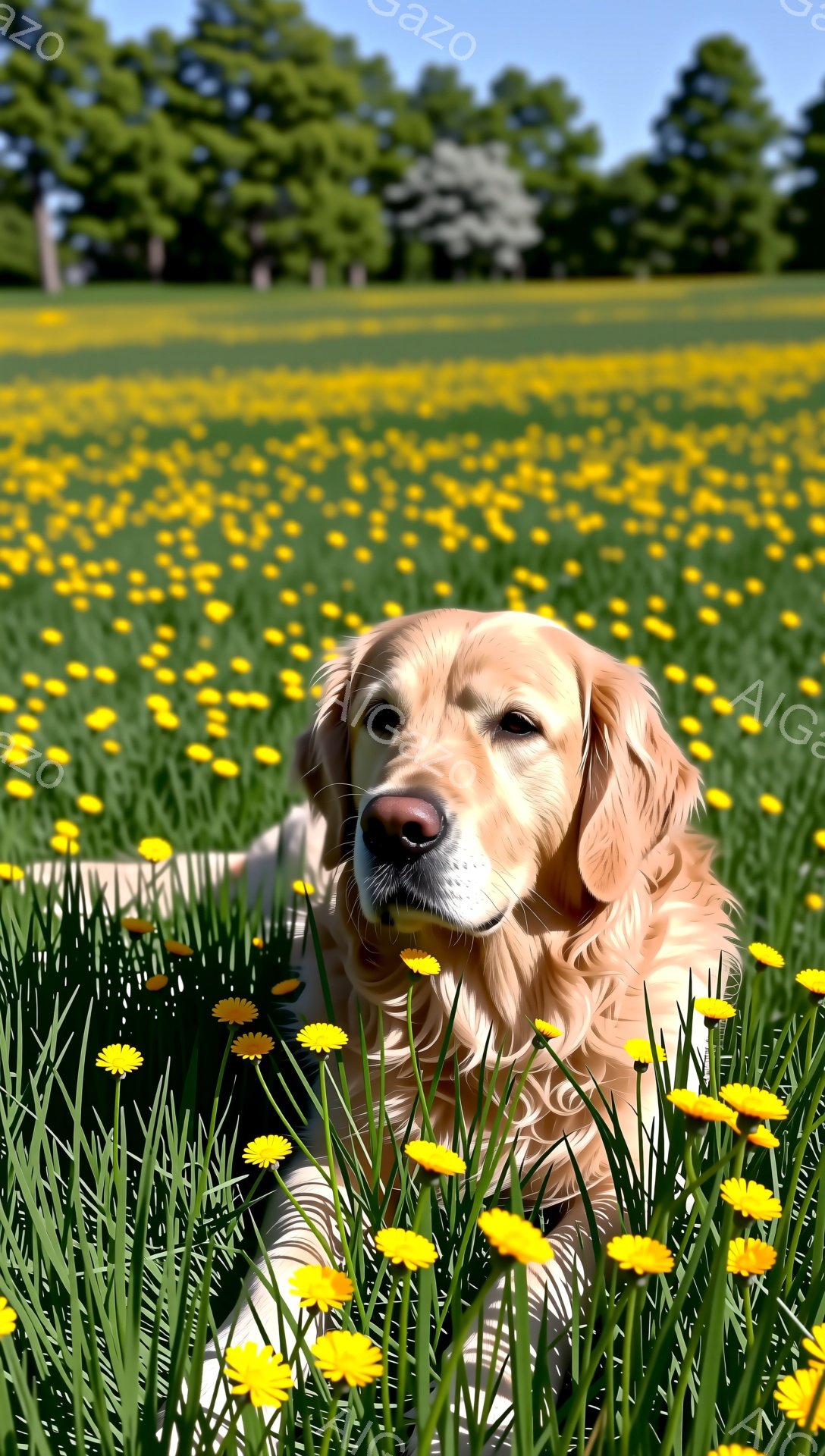鮮やかな黄色のタンポポが咲き乱れる草原に、ゴールデンレトリバーが横たわっています。太陽の光を浴びて、リラックスした表情で穏やかな時間が流れています。緑の草々と鮮やかな花々が、犬の黄金色の毛並みをさらに - AI生成フリー素材