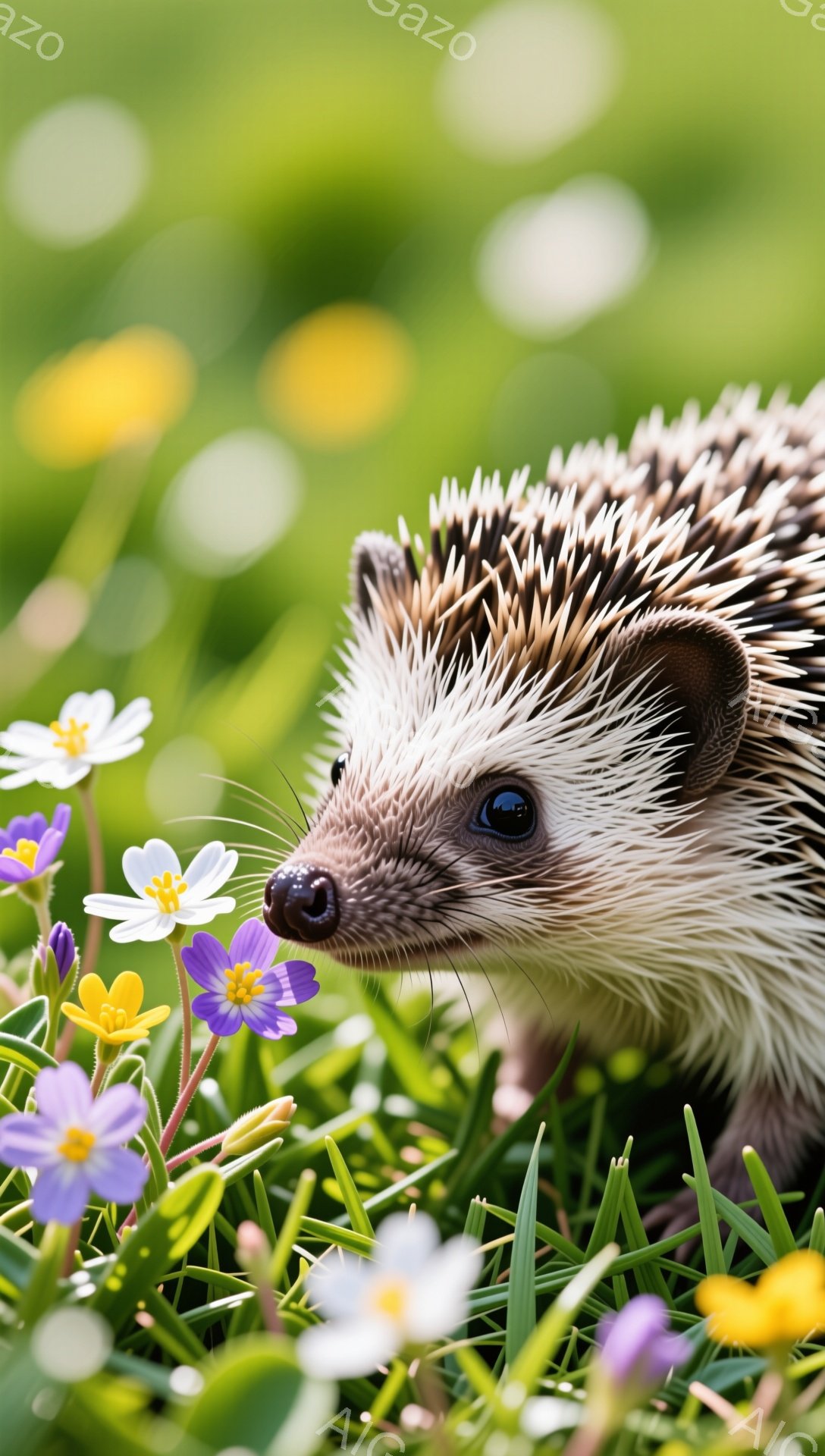 緑の草の上にいるハリネズミが写っています。紫と黄色の花に囲まれ、前方をじっと見つめています。背景は柔らかい光で照らされ、春らしい穏やかな雰囲気です。