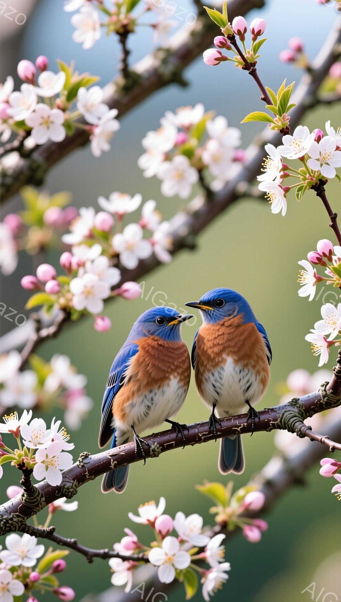 桜の枝に寄り添う美しい青い鳥が二羽います。鮮やかな青、オレンジ、白の羽毛が春の景色によく映えます。背景には柔らかい緑が広がり、穏やかで平和な雰囲気を醸し出しています。 - AI生成フリー素材