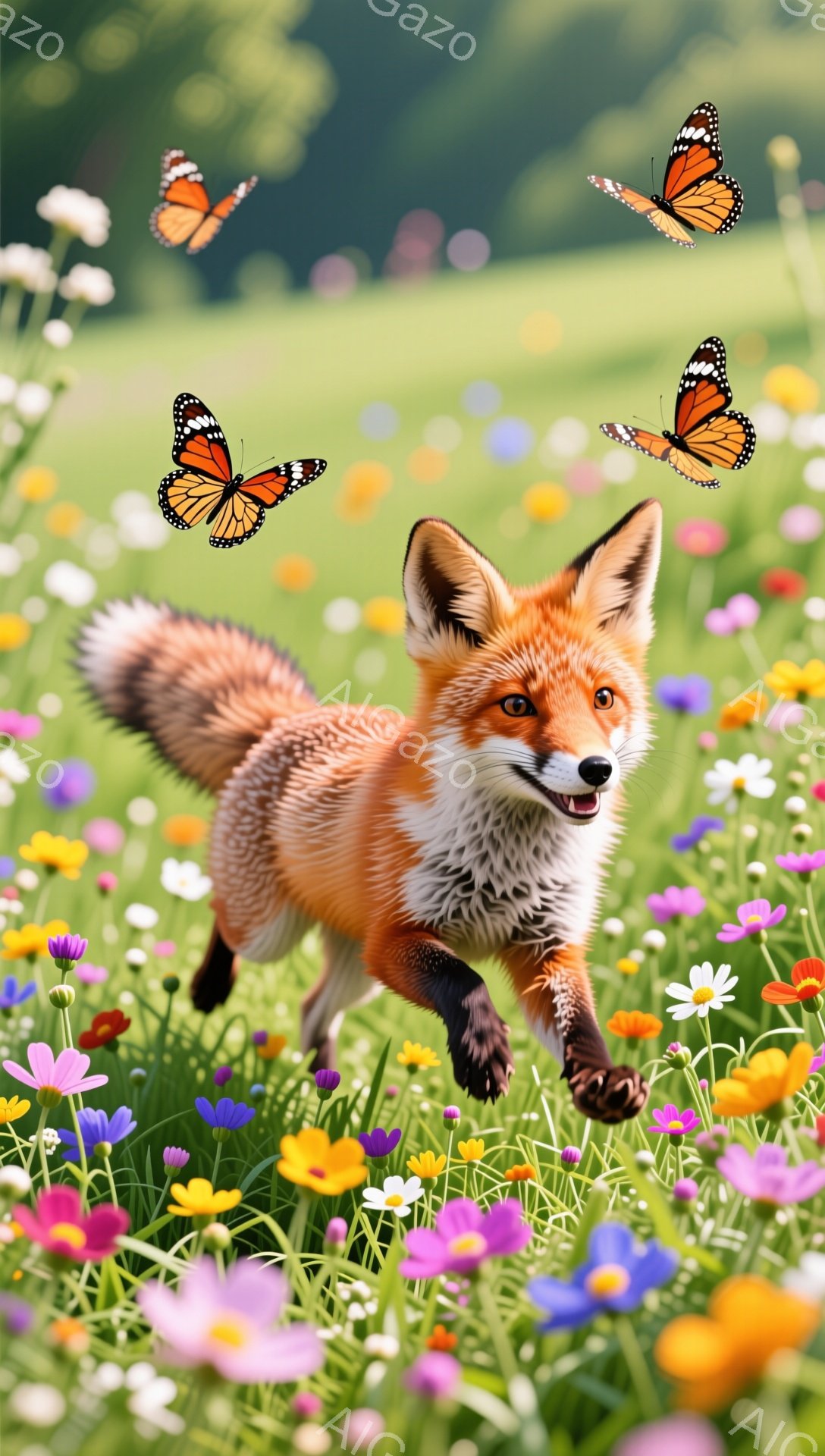 明るい緑の草原で、オレンジ色のキツネが花の間を駆け抜けている。蝶が数匹、キツネの周りを舞い、鮮やかな花々が草原を彩っている。平和で穏やかな雰囲気が感じられる。 - AI生成フリー素材