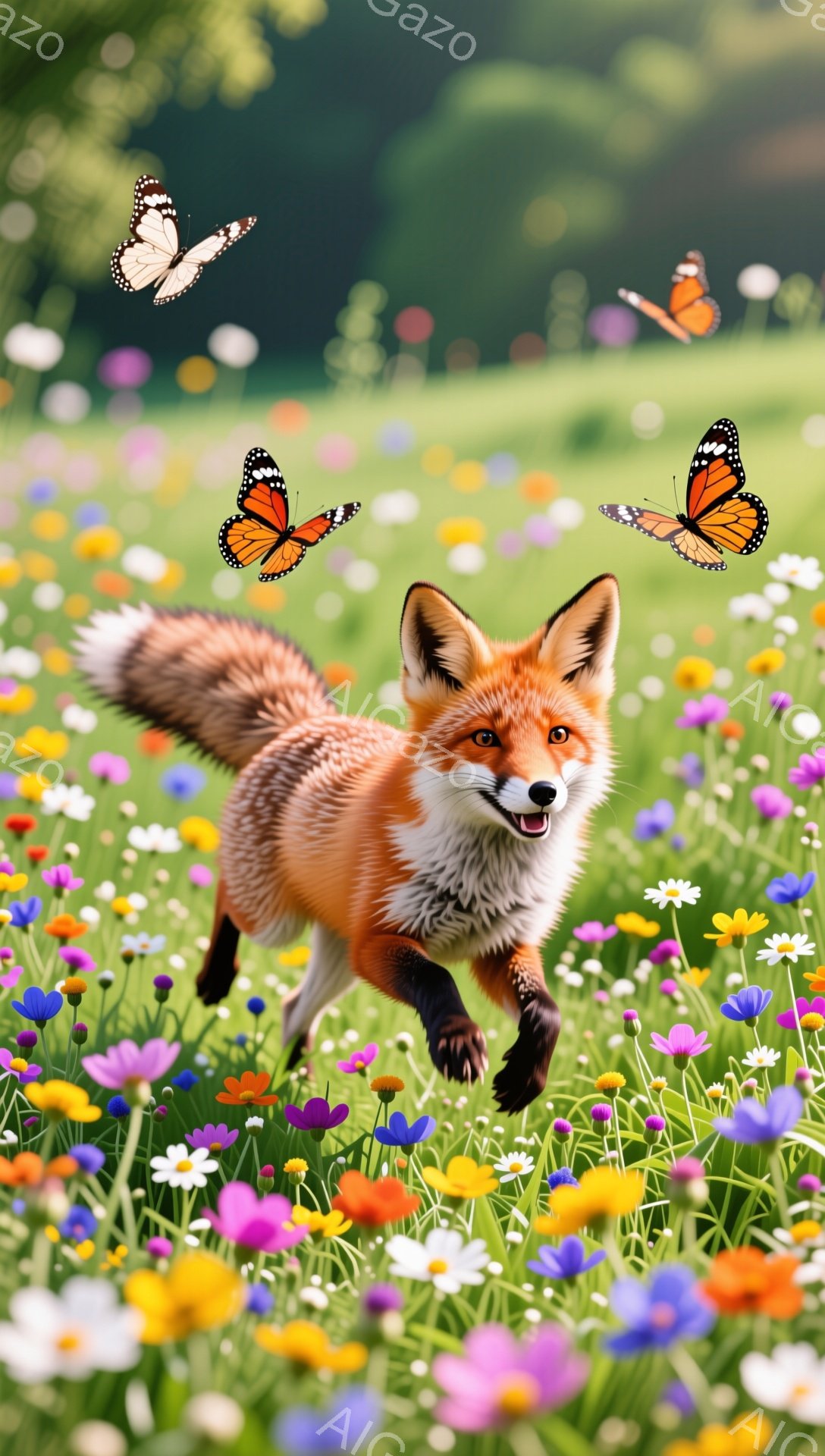 明るい花畑を元気なキツネが駆け抜けている。背景は緑豊かで、蝶が舞い、春らしい陽気な雰囲気だ。キツネは口を開け、楽しげな表情を浮かべている。 - AI生成フリー素材