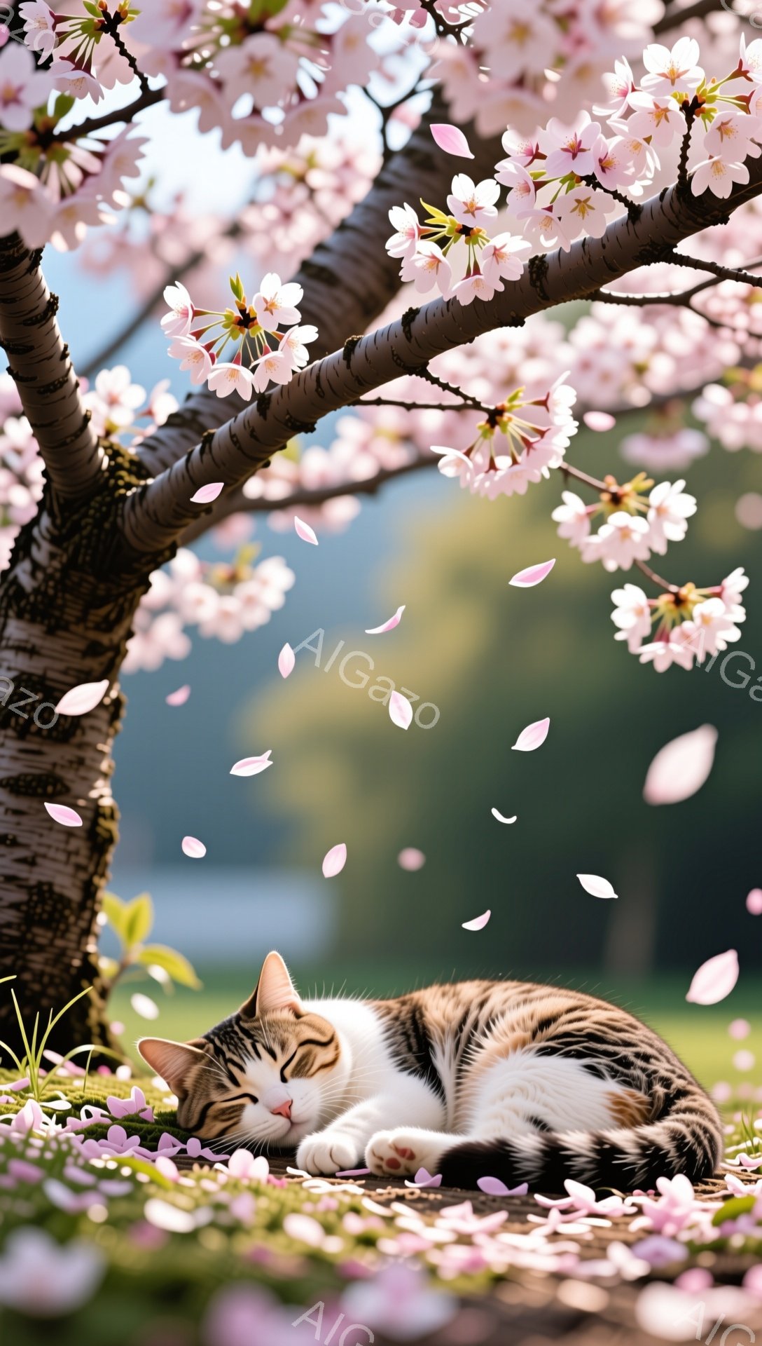 白と茶色の縞模様の猫が、桜の散った草の上に丸まって眠っています。背景には桜の木とぼんやりとした風景が見え、穏やかで平和な雰囲気が漂っています。春の暖かい日差しの中で、猫は心地よい夢を見ているようです。 - AI生成フリー素材