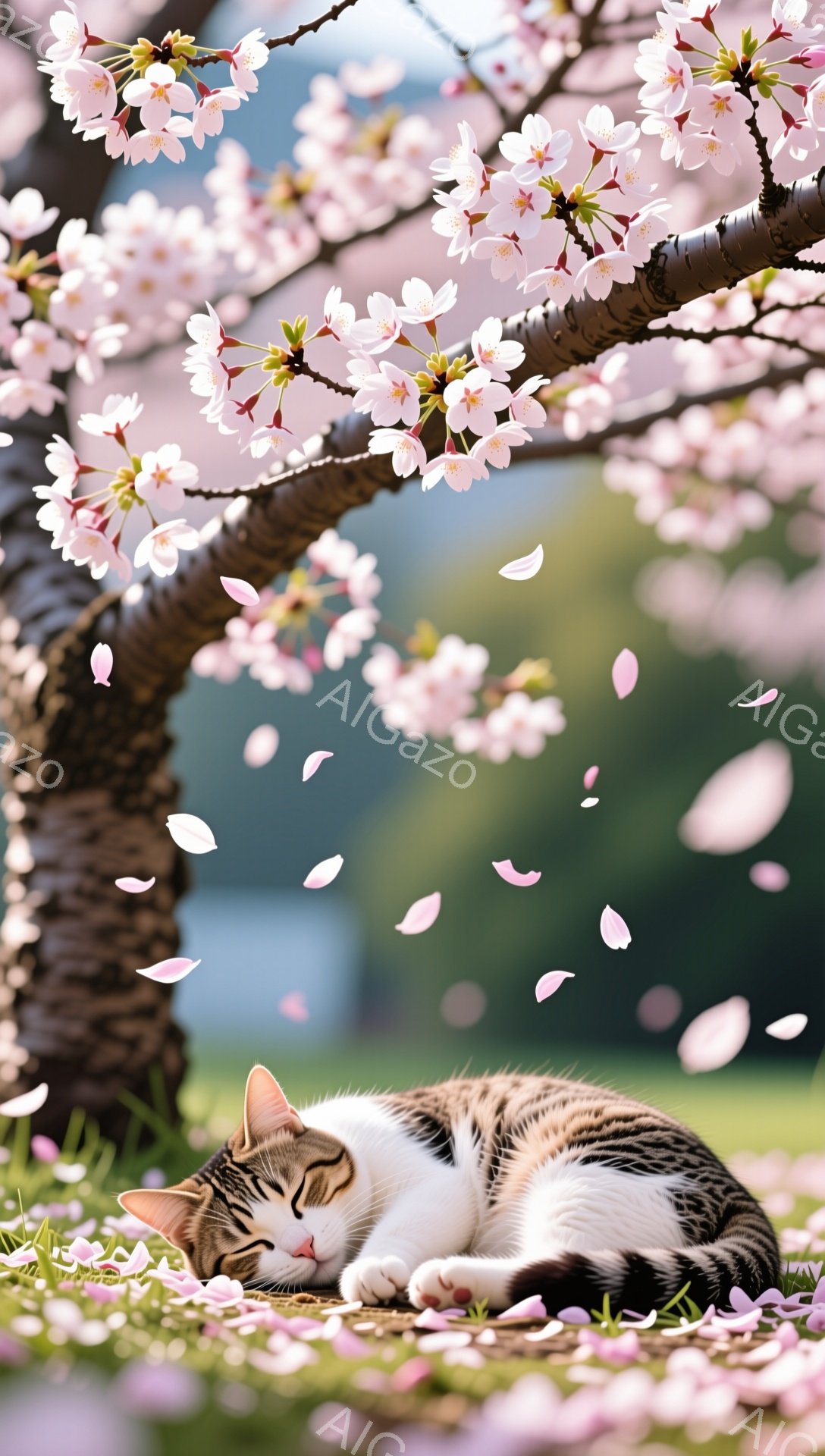 桜の木の下で、縞模様の猫が穏やかに眠っています。ピンク色の花びらが猫の周りを舞い、春の暖かく穏やかな雰囲気を醸し出しています。背景には緑の草とぼやけた風景が広がり、猫の安らかな眠りを引き立てています。 - AI生成フリー素材
