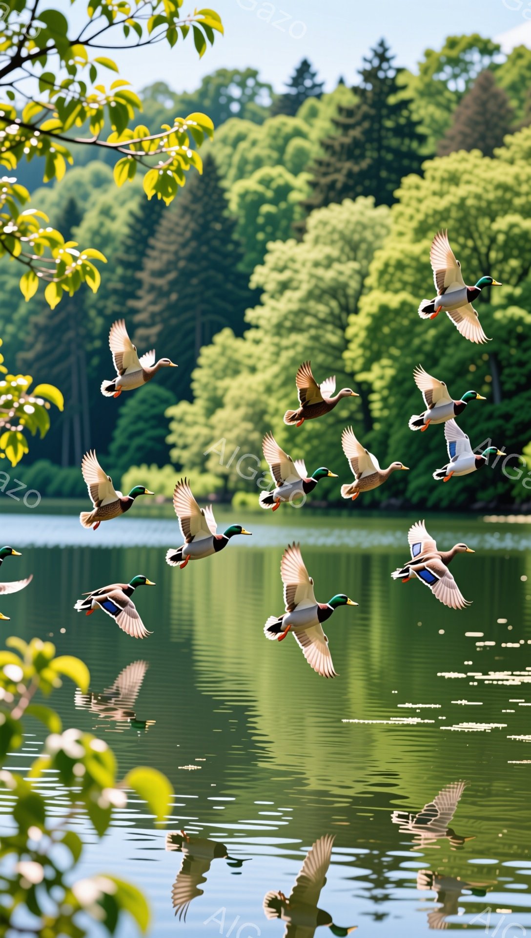 広大な湖面を数羽のカモが飛び交い、水面に美しい反射を作り出している。緑豊かな木々が背景に広がり、穏やかで平和な雰囲気を醸し出している。夏の昼下がりの、自然豊かな光景だ。 - AI生成フリー素材