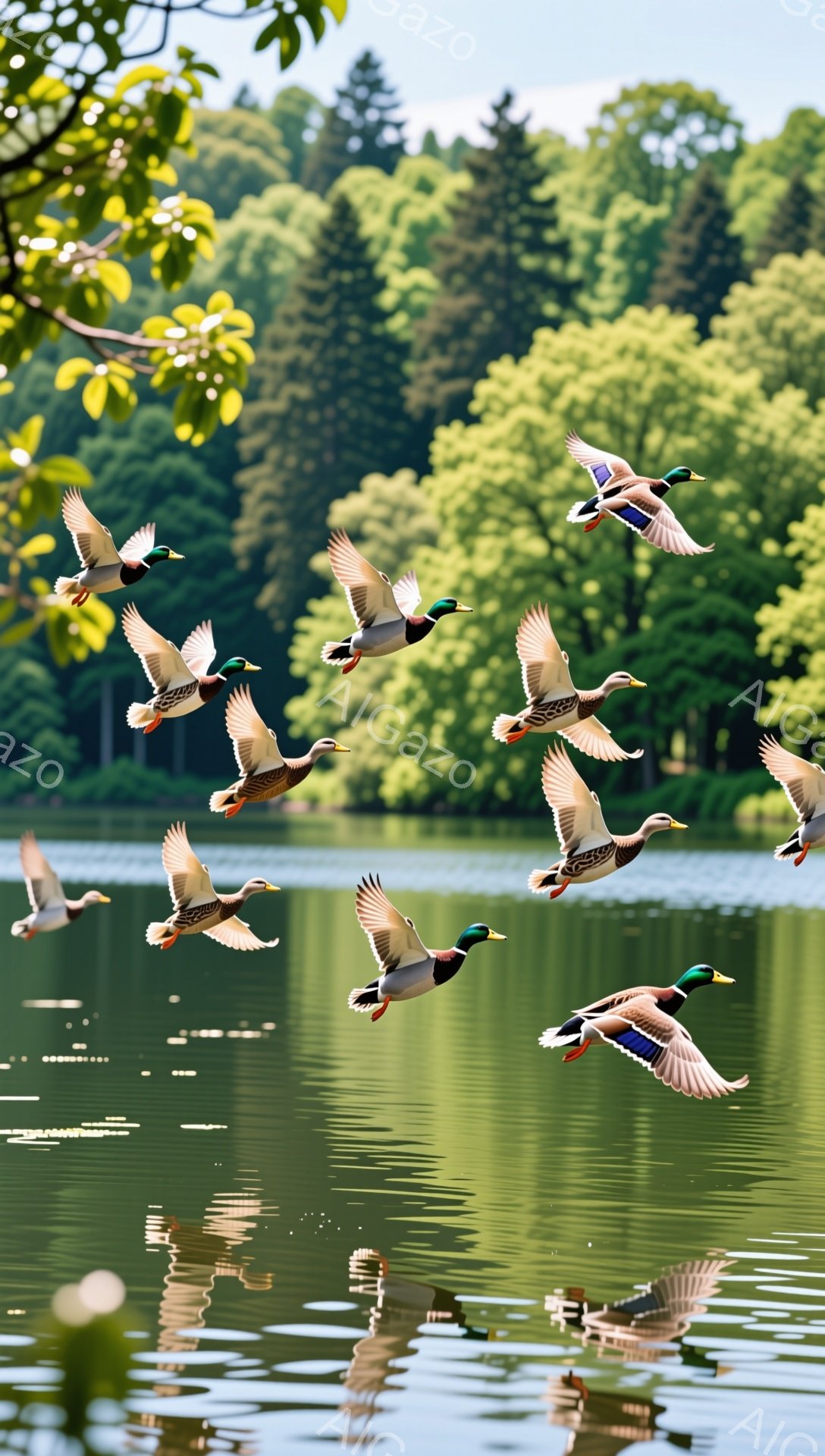 緑豊かな木々に囲まれた穏やかな湖面を、多数のカモが羽ばたきながら飛んでいる。水面に映るカモの影が、水面をさらに幻想的に彩っている。穏やかな陽光と緑のコントラストが、安らぎのある雰囲気を醸し出している。