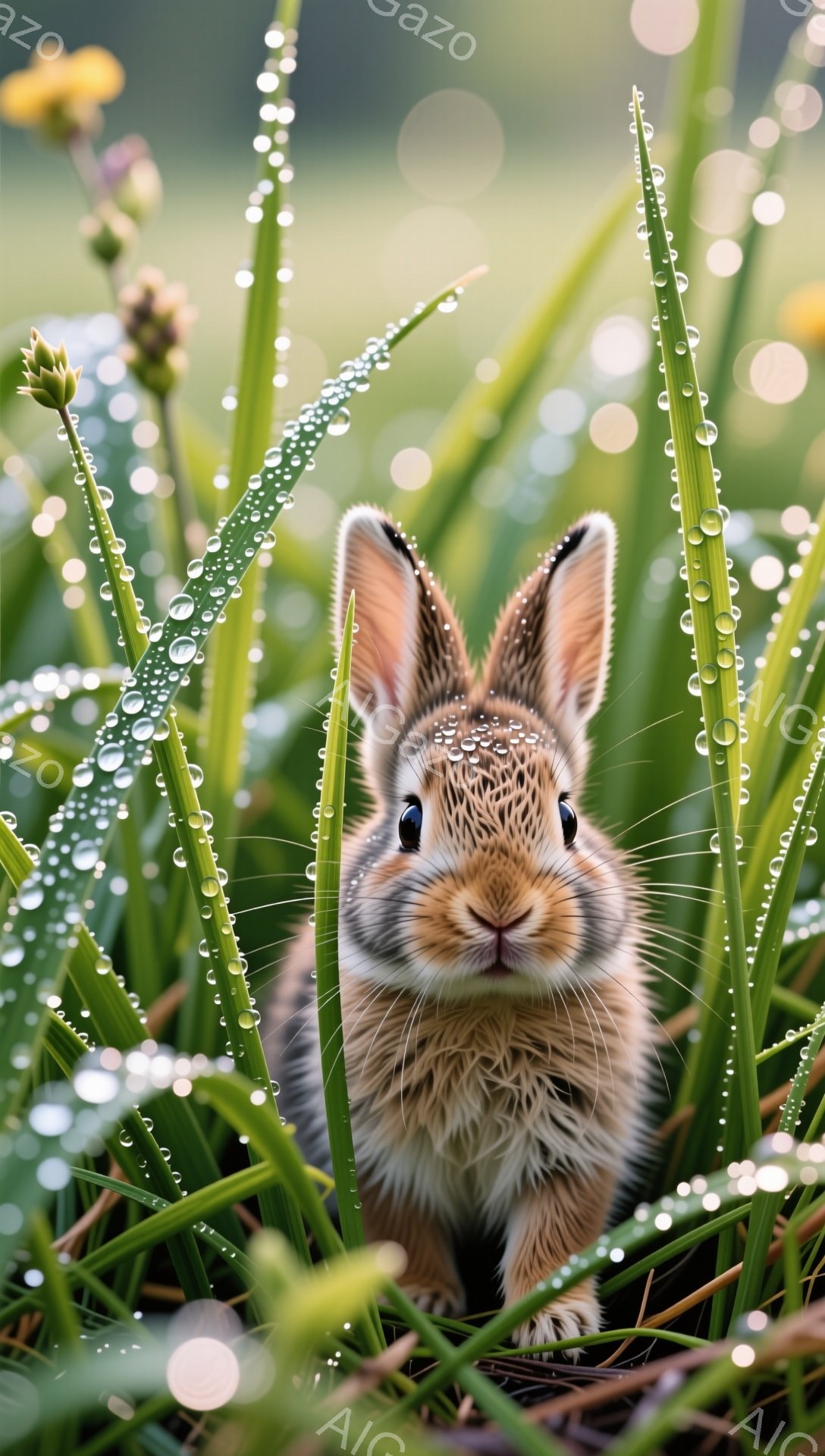 草の中に可愛らしい子ウサギが隠れています。朝露で濡れた草の葉はキラキラと輝き、子ウサギの毛並みをより一層際立たせています。背景は柔らかい光に包まれ、温かく優しい雰囲気です。