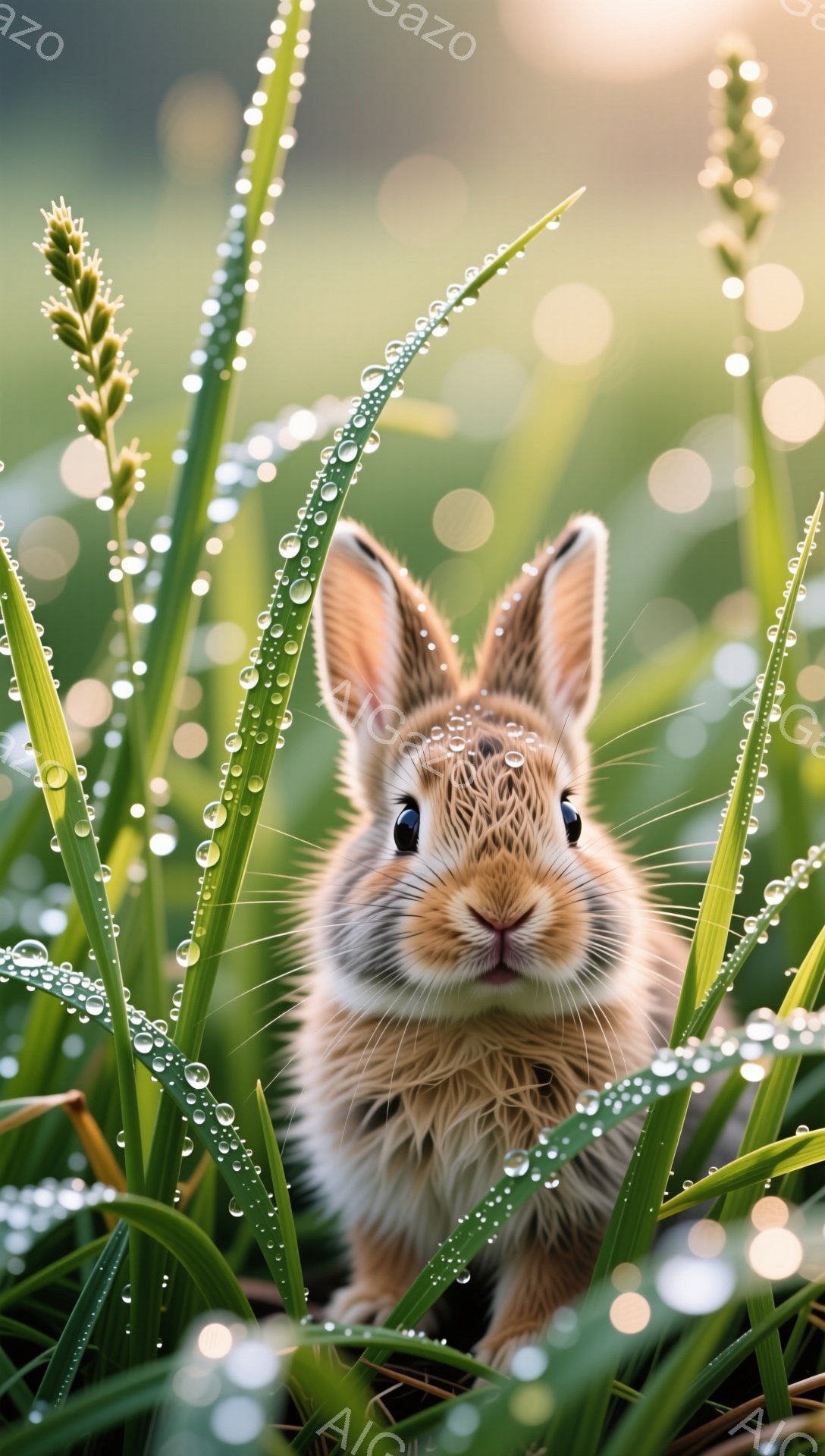 小さなオレンジ色のウサギが緑の草むらの中に隠れており、朝露に濡れた草がキラキラと輝いています。ウサギは正面を見据え、好奇心と可愛らしさにあふれた表情をしています。背景は柔らかい光に包まれ、穏やかな雰囲気を醸し出しています。