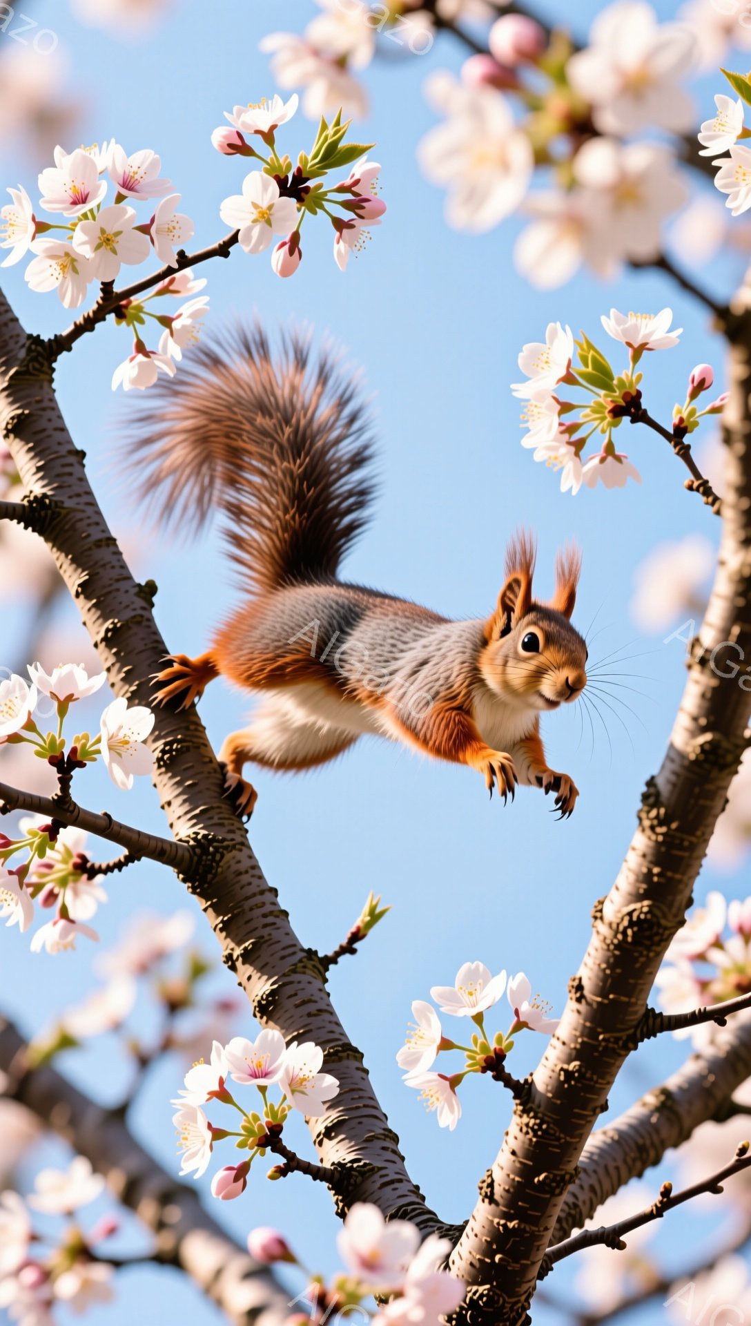 リスが桜の枝にしがみついています。背景は青空で、桜の花が咲き乱れて春の暖かさを感じさせます。リスの毛並みは美しく、生き生きとした表情が印象的です。