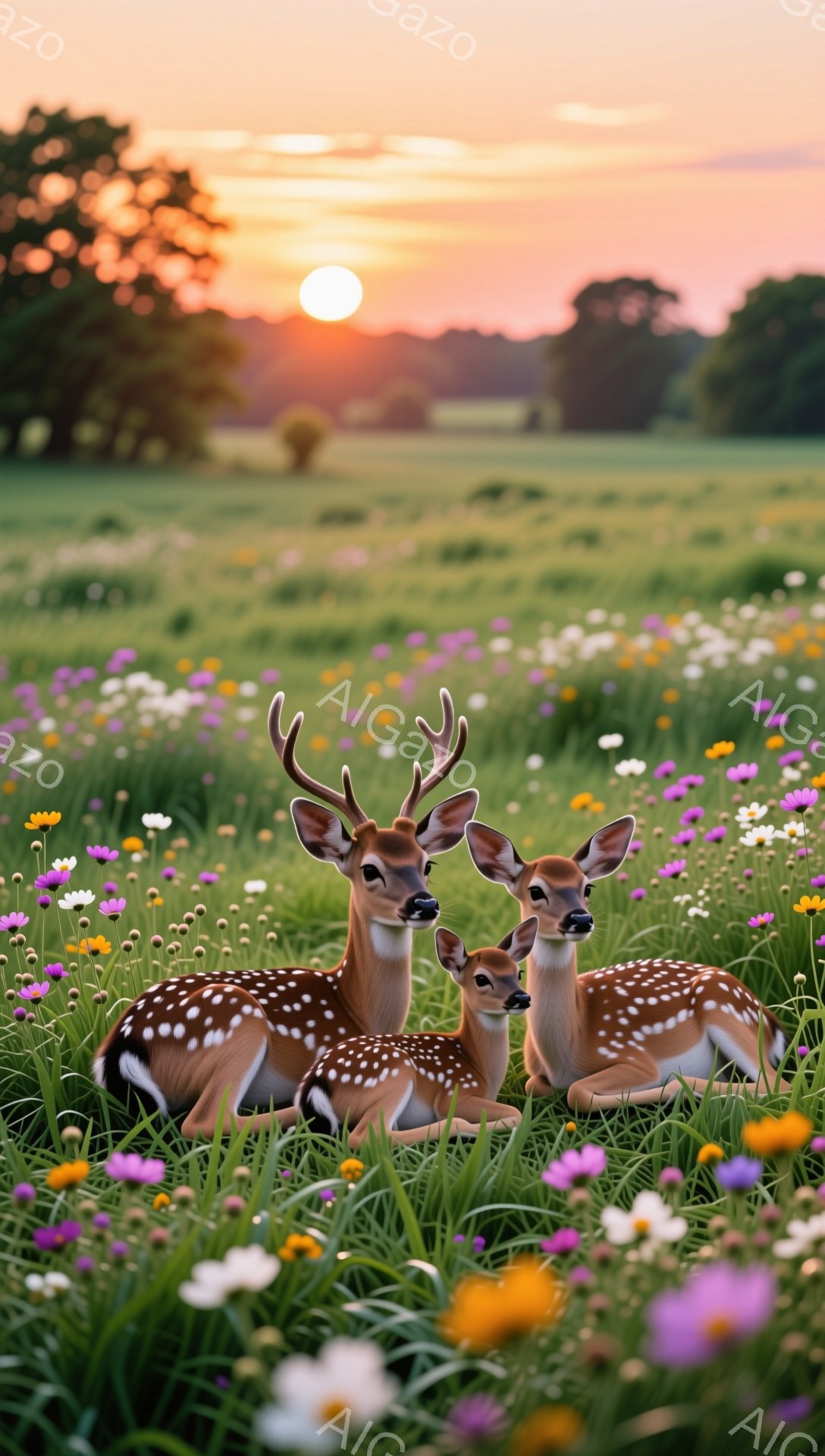 夕焼けを背景に、草花が生い茂る草原で、雄のシカと2匹の子シカが横たわっている。シカたちは斑点模様を持ち、周囲の花々とのコントラストが美しい。穏やかで平和な雰囲気が漂う、温かい光景だ。 - AI生成フリー素材