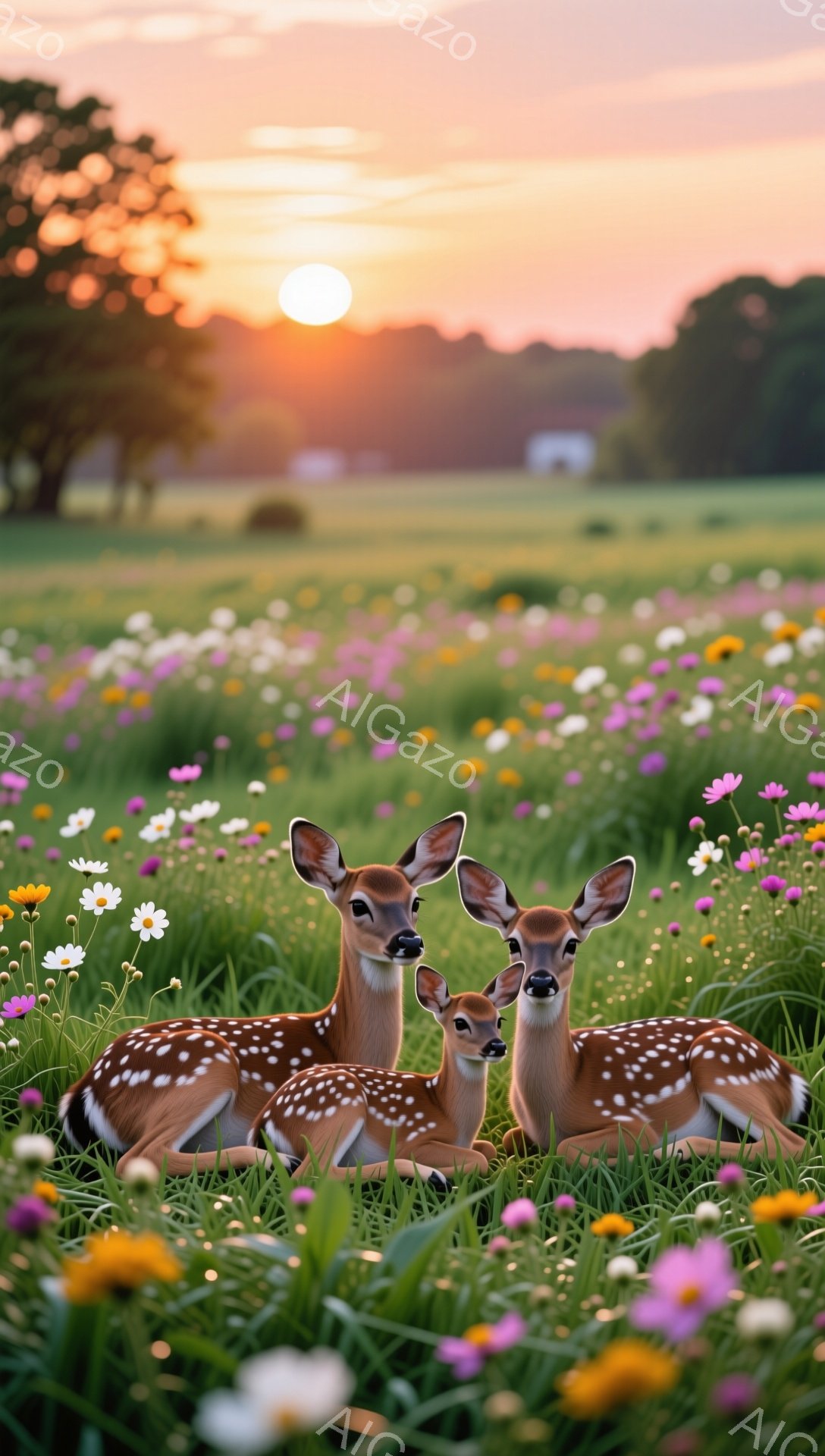 美しい花畑の中で、母鹿と子鹿が寄り添って休んでいる。夕日の柔らかい光が彼らを照らし、平和で穏やかな雰囲気が漂っている。鮮やかな色の花々が背景を彩り、暖かく優しい光景を作り出している。