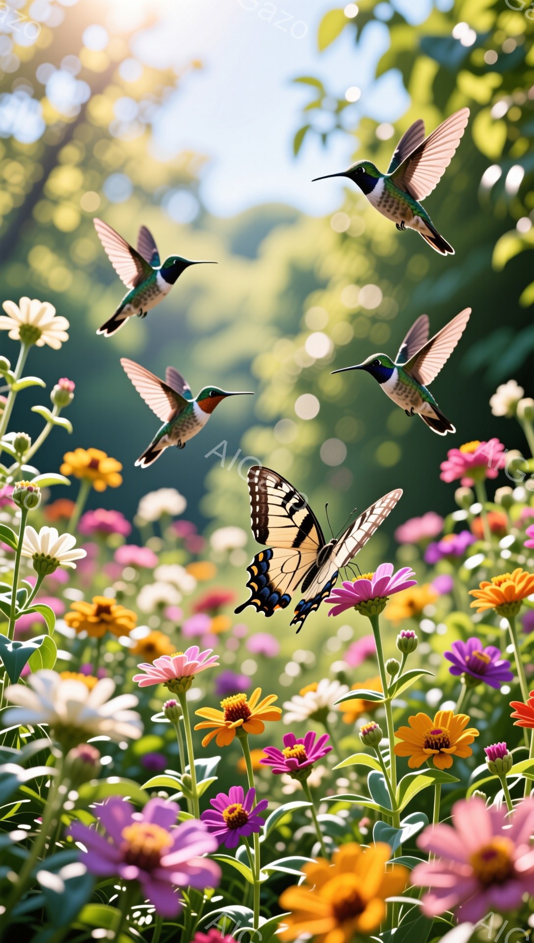 色とりどりの花々が咲き乱れる野原で、複数のハチドリと蝶が飛び交っている。背景は緑豊かな草木に覆われ、太陽の光が差し込み、暖かく穏やかな雰囲気を作り出している。ハチドリの鮮やかな色彩と蝶の優雅な舞いが、 - AI生成フリー素材
