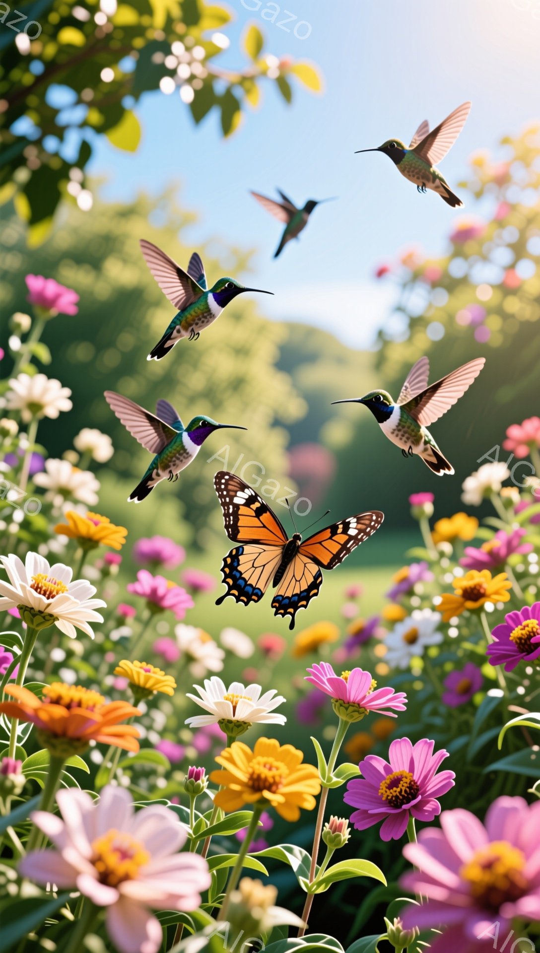 色とりどりの花々が咲き乱れる庭園で、複数のハチドリと蝶が飛び交っている。暖かい日差しが降り注ぎ、生き物たちは花の間を活発に飛び回り、生命力に満ちた様子が表現されている。鮮やかな色彩とぼかしの効いた背景が、幻想的で美しい雰囲気を醸し出している。
