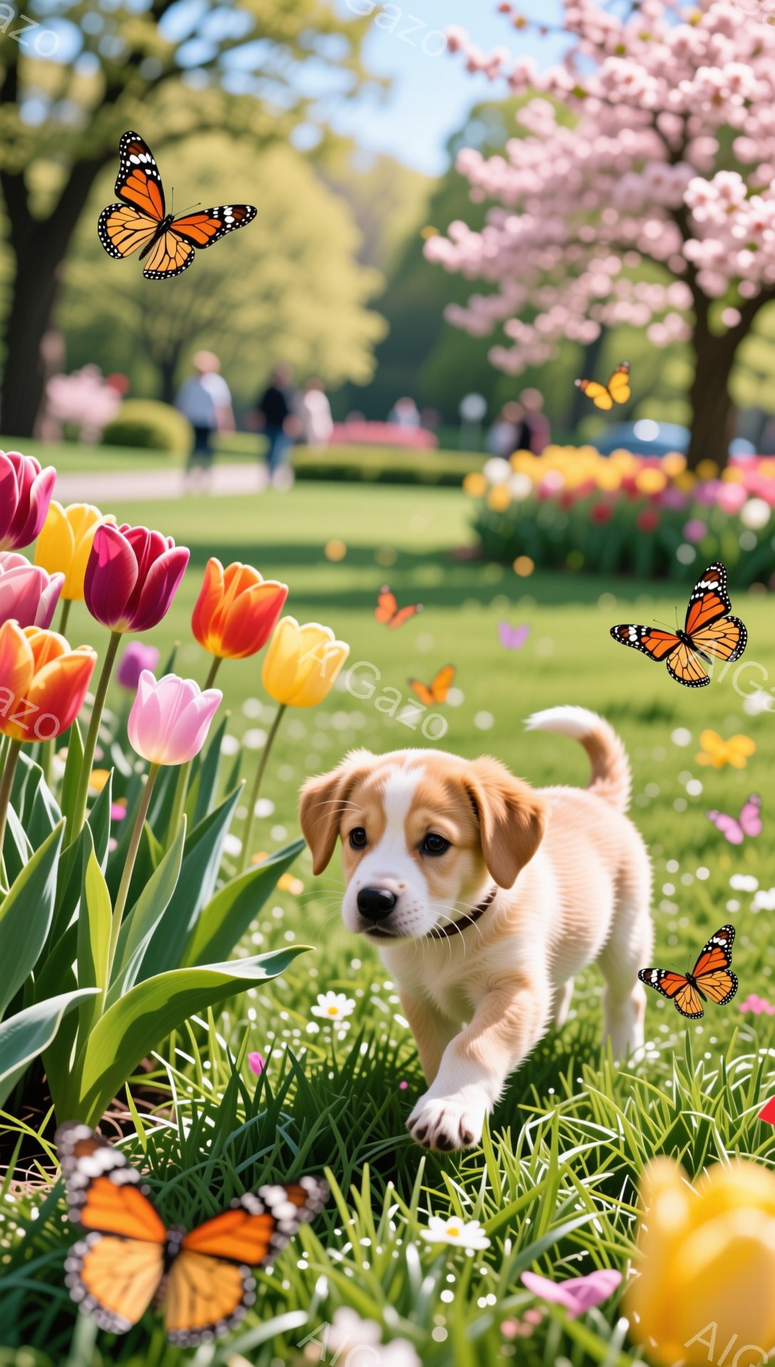 色とりどりのチューリップが咲き誇る草原で、子犬が遊び戯れています。子犬は嬉しそうに草の間を走り、周りにはオレンジ色の蝶が舞っています。春らしい穏やかで幸せな雰囲気が伝わってきます。 - AI生成フリー素材