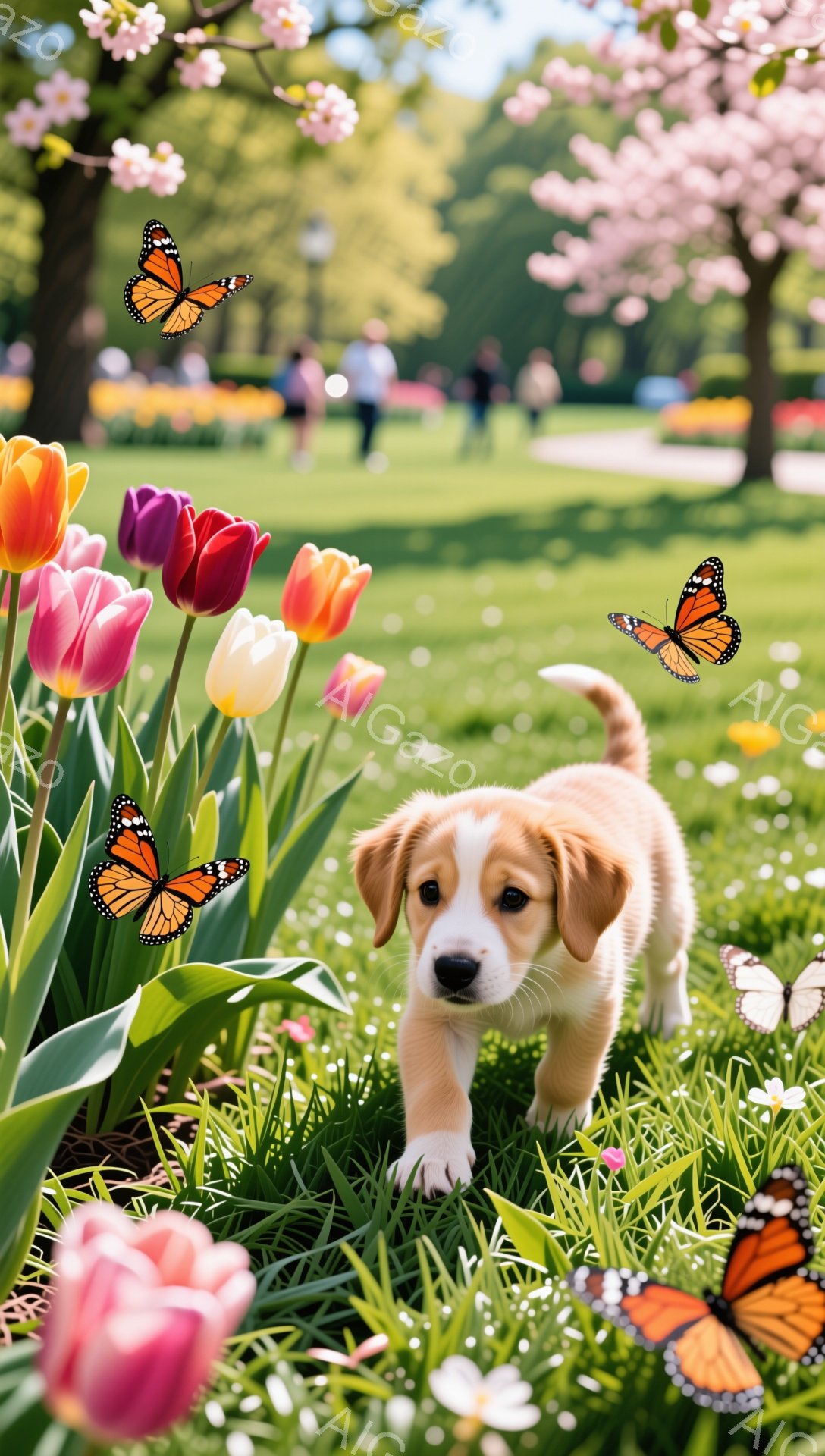 チューリップ畑の中を子犬が歩いている。周りには蝶が舞い、春らしい穏やかな雰囲気が漂っている。背景にはぼやけた木々と人々が見え、子犬の可愛らしさを引き立てている。 - AI生成フリー素材