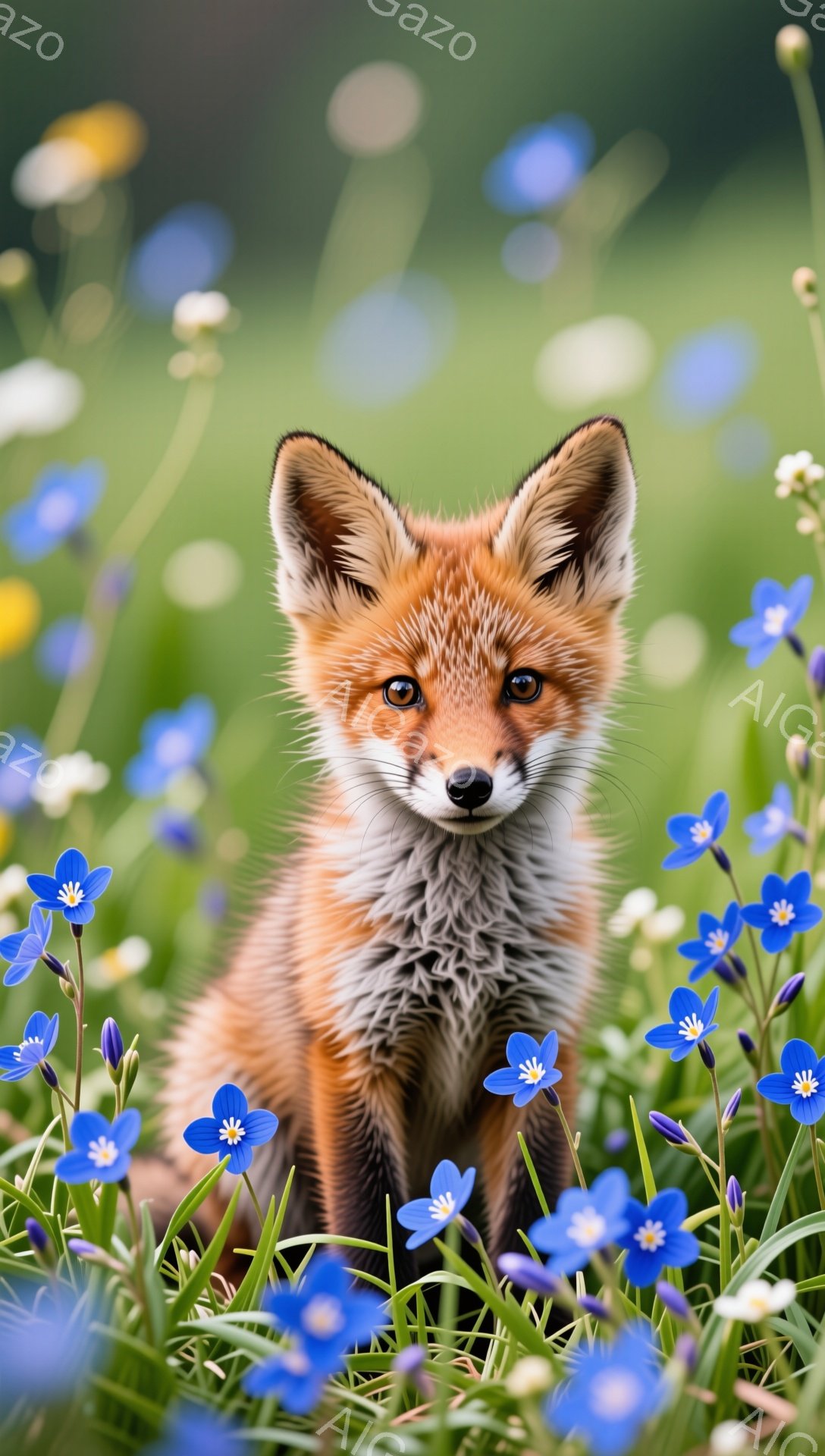 赤毛のキツネの子が、青い花々の中に座っている。その表情は好奇心に満ちており、キラキラと輝く瞳が印象的だ。背景は緑豊かな草地で、暖かい日差しが差し込み、穏やかな雰囲気を醸し出している。