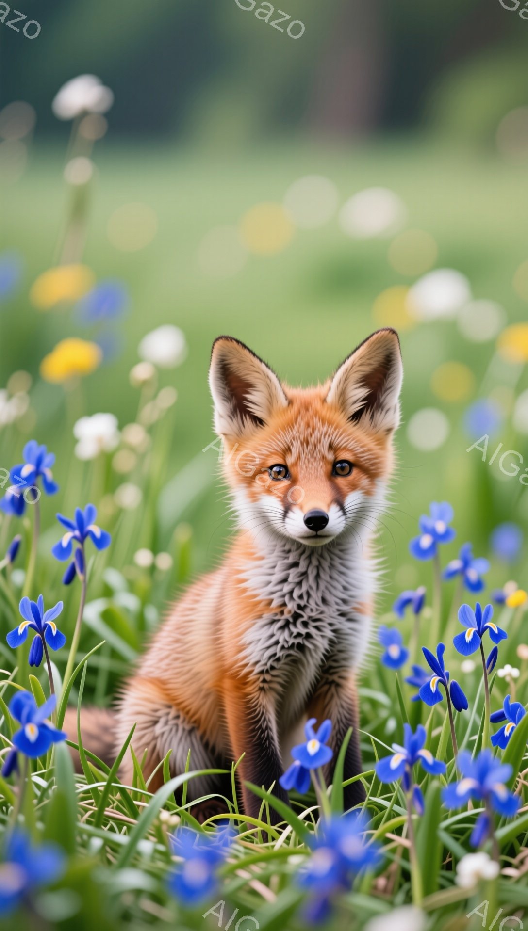 青い花が咲き乱れる草原の中に、小さなキツネが座っています。毛並みは鮮やかなオレンジ色で、好奇心旺盛な表情でこちらを見ています。背景は緑豊かで、春の暖かな日差しが感じられます。