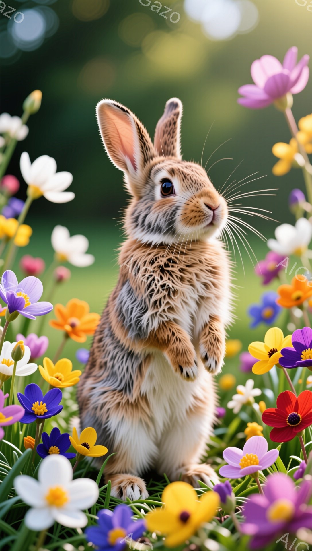 明るい花畑の中に、毛並みの美しい茶色のウサギが立っています。ウサギは前足を組み、好奇心旺盛な表情でカメラを見つめています。背景には緑豊かな草が生い茂り、春の暖かく穏やかな雰囲気が漂っています。 - AI生成フリー素材