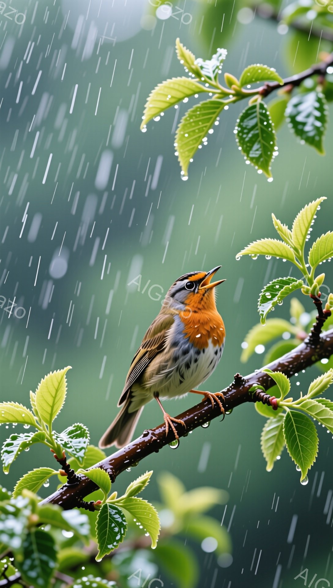 雨の中、枝にとまっている小さな鳥が描かれている。緑の葉が雨粒で濡れ、背景はぼやけている。鳥は口を開けており、雨に耐えるような、あるいは歌っているような様子がうかがえる。