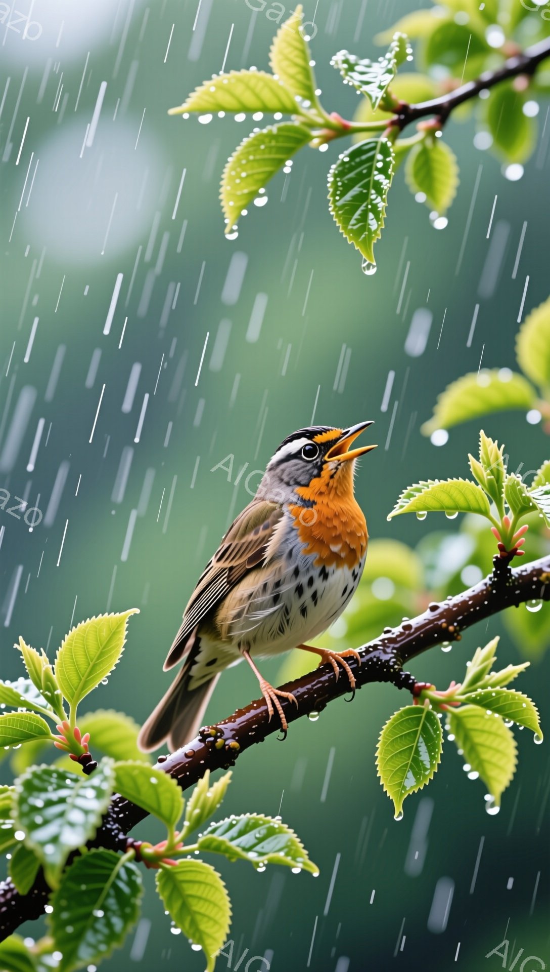 雨の中で、美しいオレンジと茶色の鳥が木の枝にとまっています。緑の葉が雨粒で覆われ、背景はぼやけて雨の雰囲気を強調しています。鳥は少し口を開けて歌っているように見え、生き生きとした様子が印象的です。