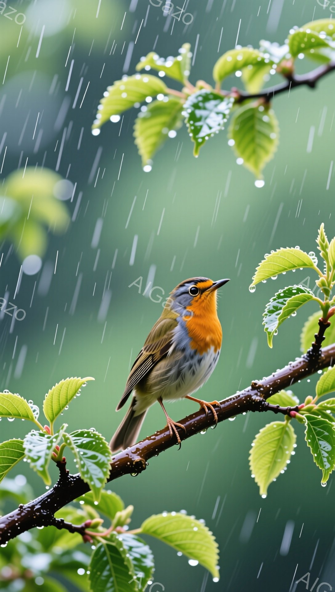 雨の中、枝にとまっている小さな鳥が描かれています。鮮やかなオレンジ色の胸と灰色の背中が特徴的で、雨粒が葉や枝に付着し、しっとりとした雰囲気を醸し出しています。背景は緑で、自然の美しさが際立っています。