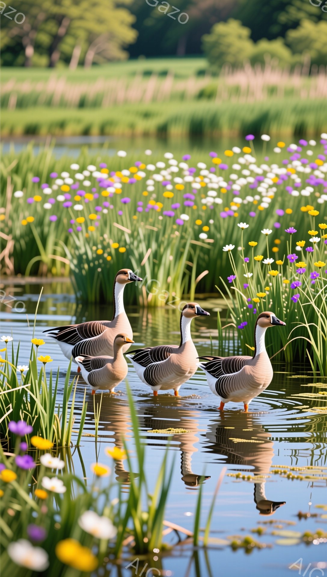 穏やかな水面に三羽の鳥が浮かび、周囲には紫と白の花が咲き乱れる風景。水鳥は優雅に泳ぎ、その姿を水面に映し出している。背景には緑豊かな草が生い茂り、平和で静謐な雰囲気を醸し出している。 - AI生成フリー素材