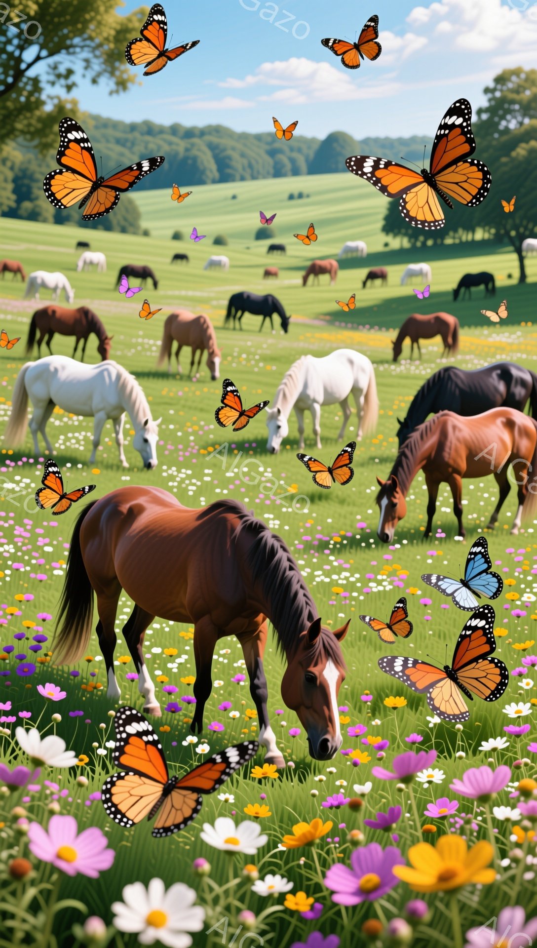 広大な草原で、様々な色の馬たちが自由に草を食んでいます。色とりどりの花々が咲き乱れ、背景には穏やかな丘が広がっています。蝶が飛び交い、平和で牧歌的な雰囲気が漂っています。 - AI生成フリー素材