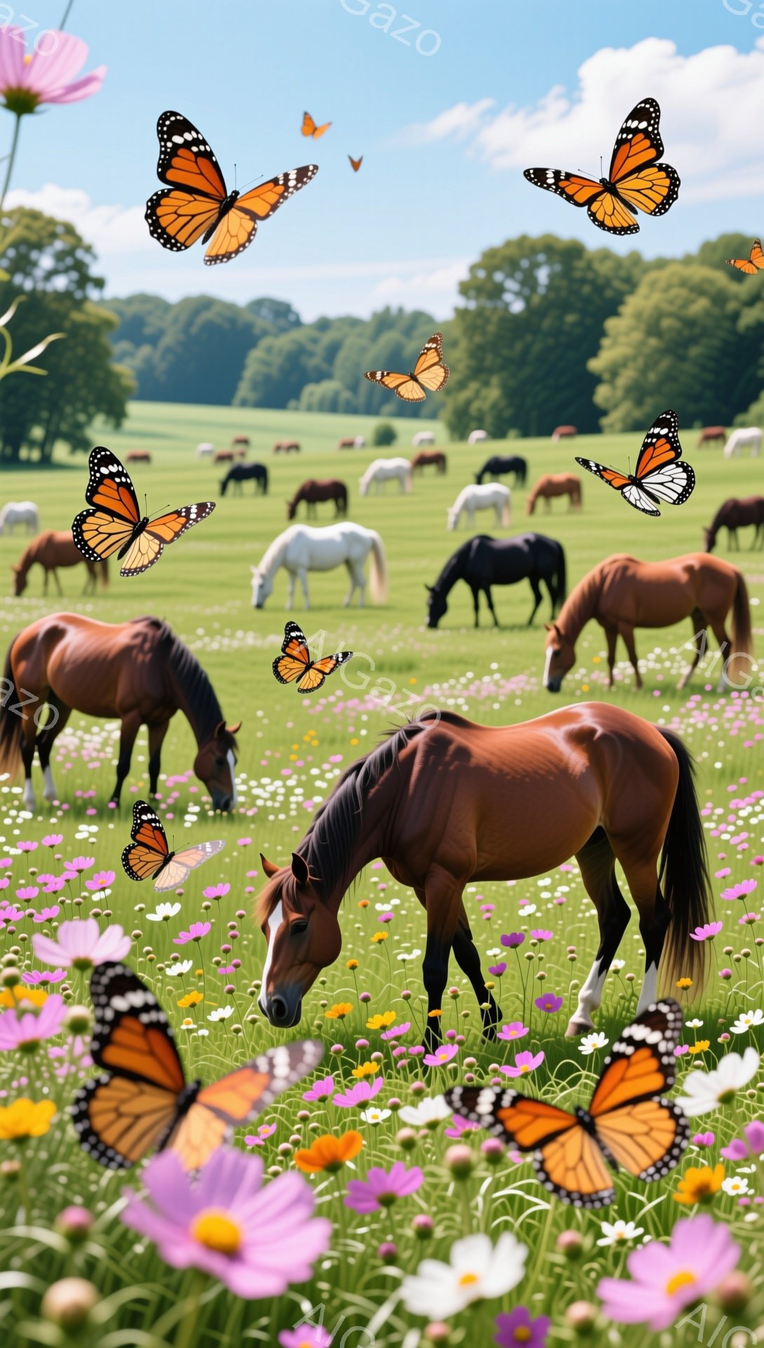 広大な草原で茶色と白の馬たちが草を食んでいます。色とりどりの花が咲き乱れ、蝶が舞い、穏やかで牧歌的な雰囲気です。遠くには緑の丘が広がり、晴れた空が広がっています。 - AI生成フリー素材